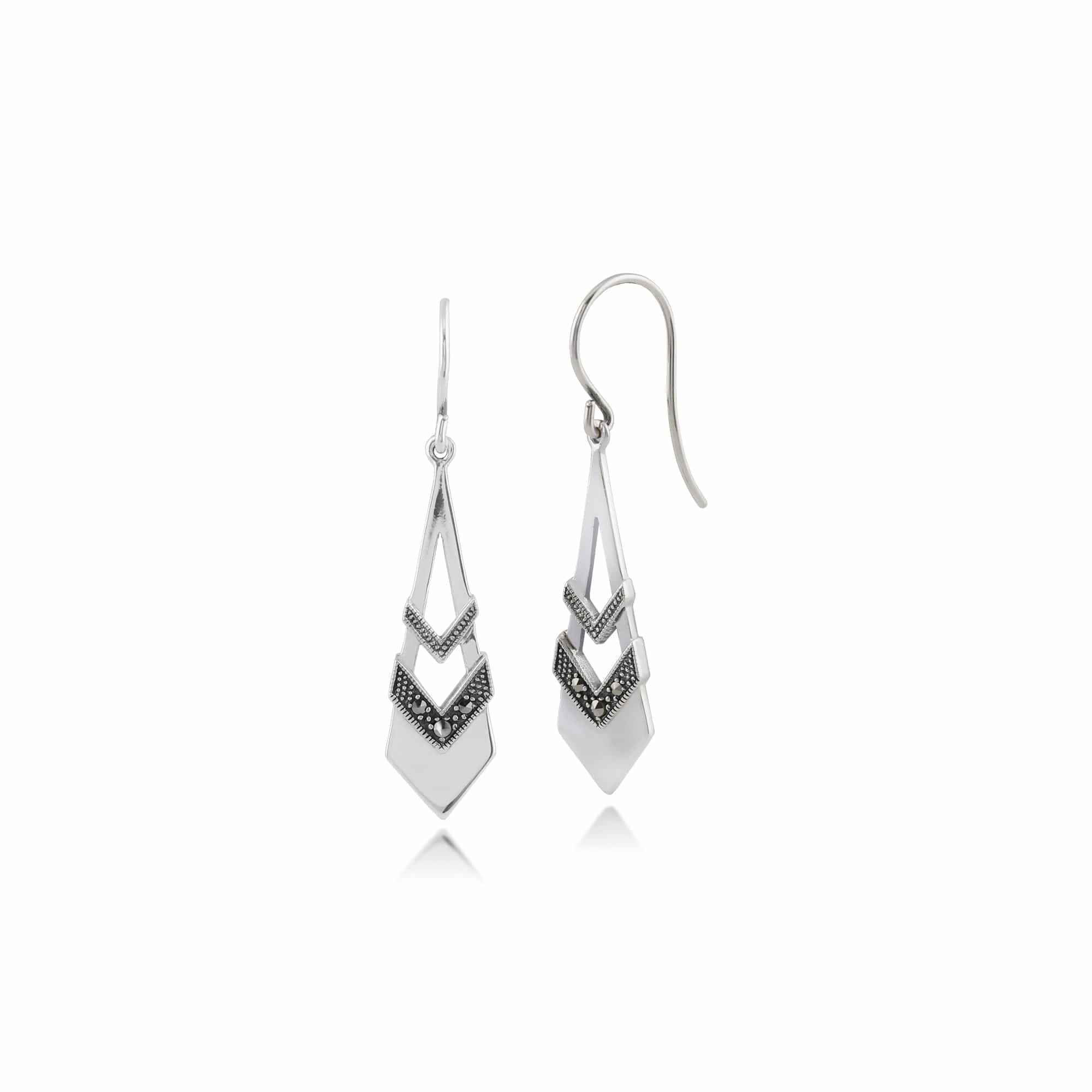 Art Deco Style Round Opal & Marcasite Open Work Fan Drop Earrings in 925 Sterling Silver - Gemondo