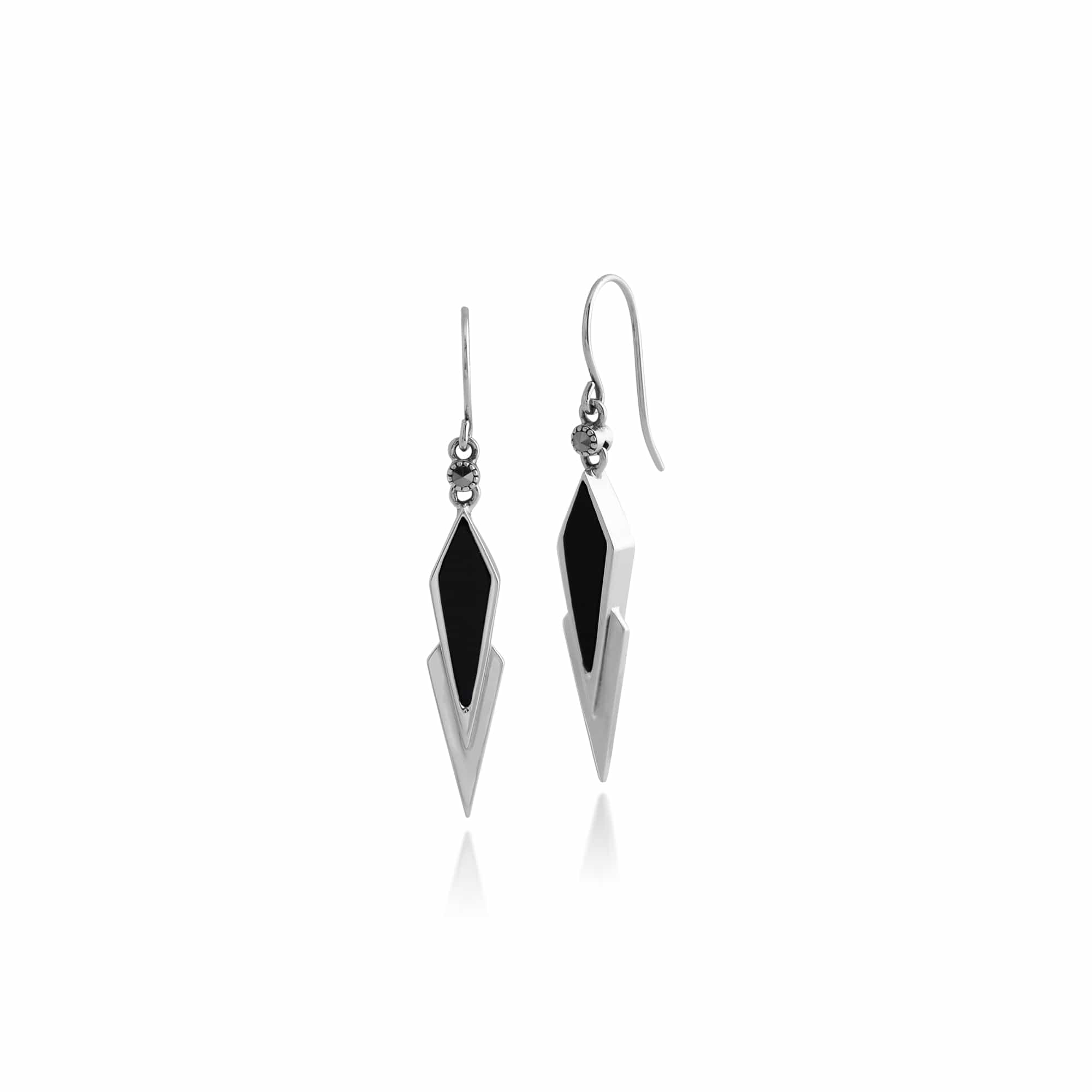Art Deco Style Black Onyx & Marcasite Triangular Drop Earrings in 925 Sterling Silver - Gemondo
