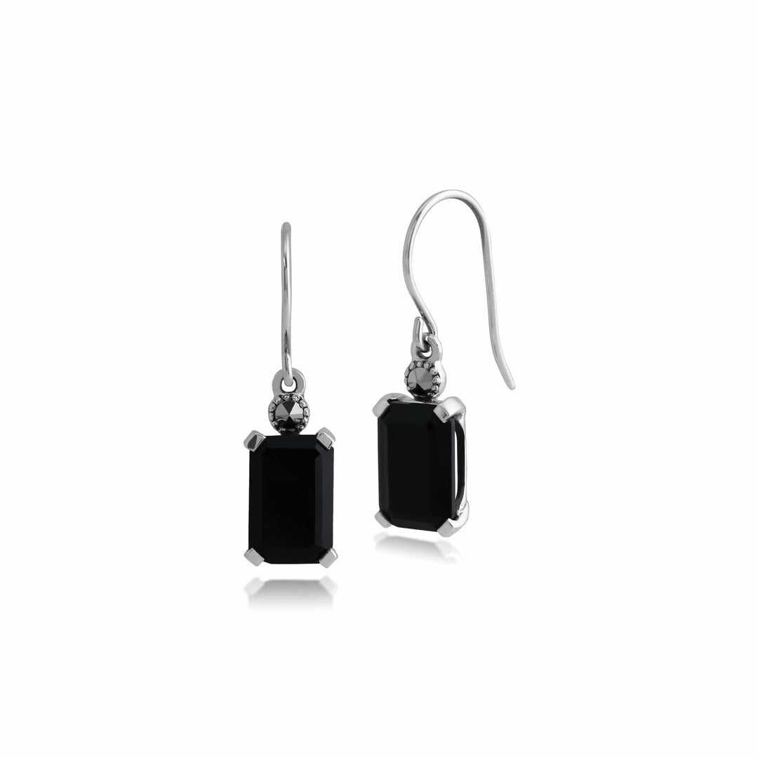 Art Deco Style Octagon Black Onyx & Marcasite Drop Earrings in 925 Sterling Silver - Gemondo