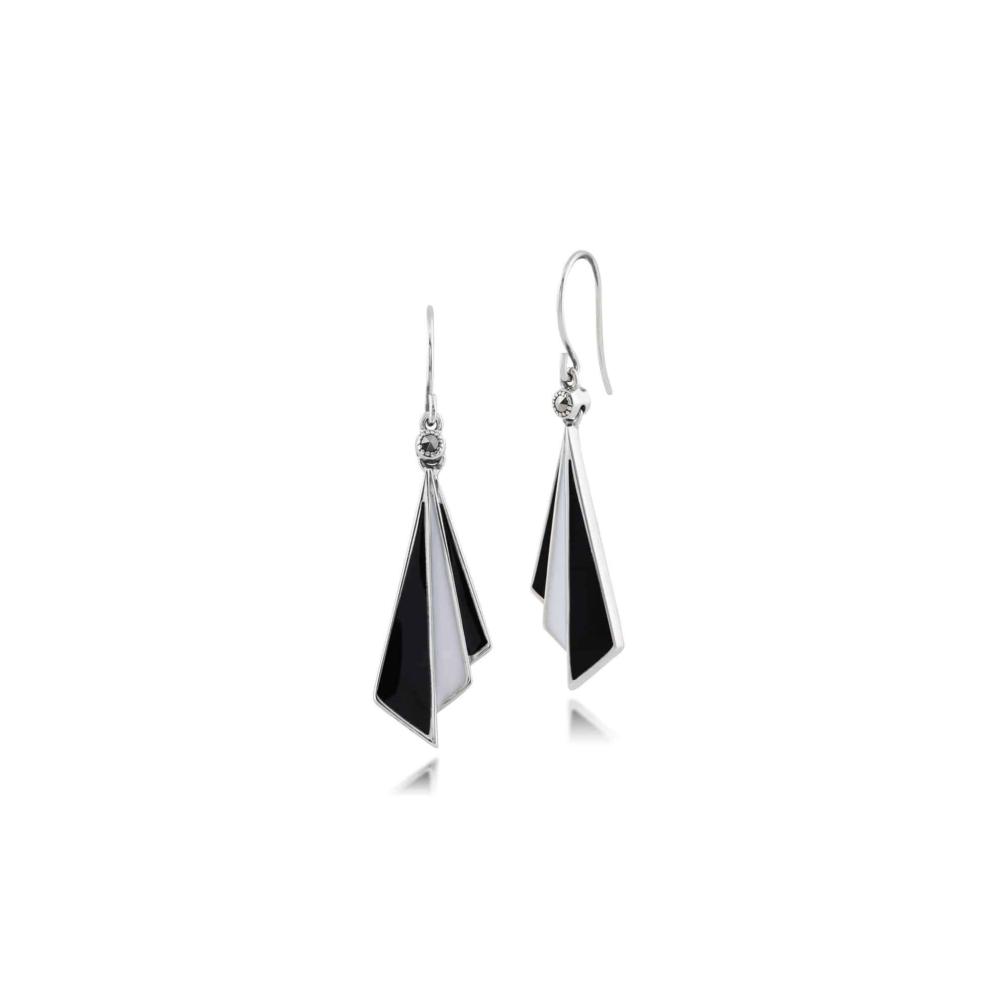 Art Deco Style Triangle Black & White Enamel Folded Fan Drop Earrings in 925 Sterling Silver - Gemondo