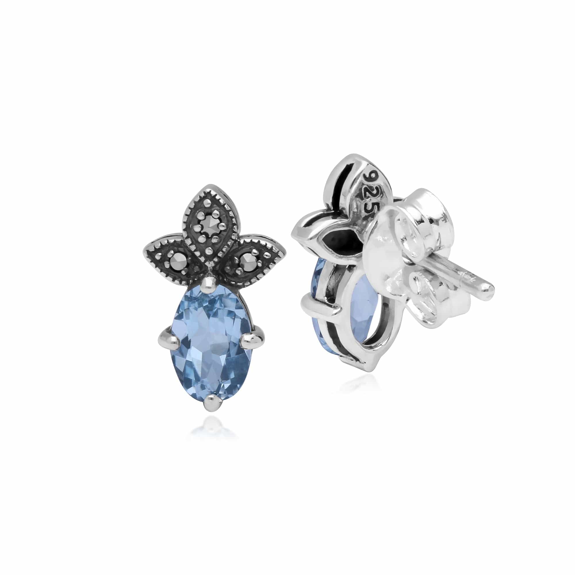 Art Deco Style Oval Blue Topaz & Marcasite Stud Earrings In Sterling Silver - Gemondo