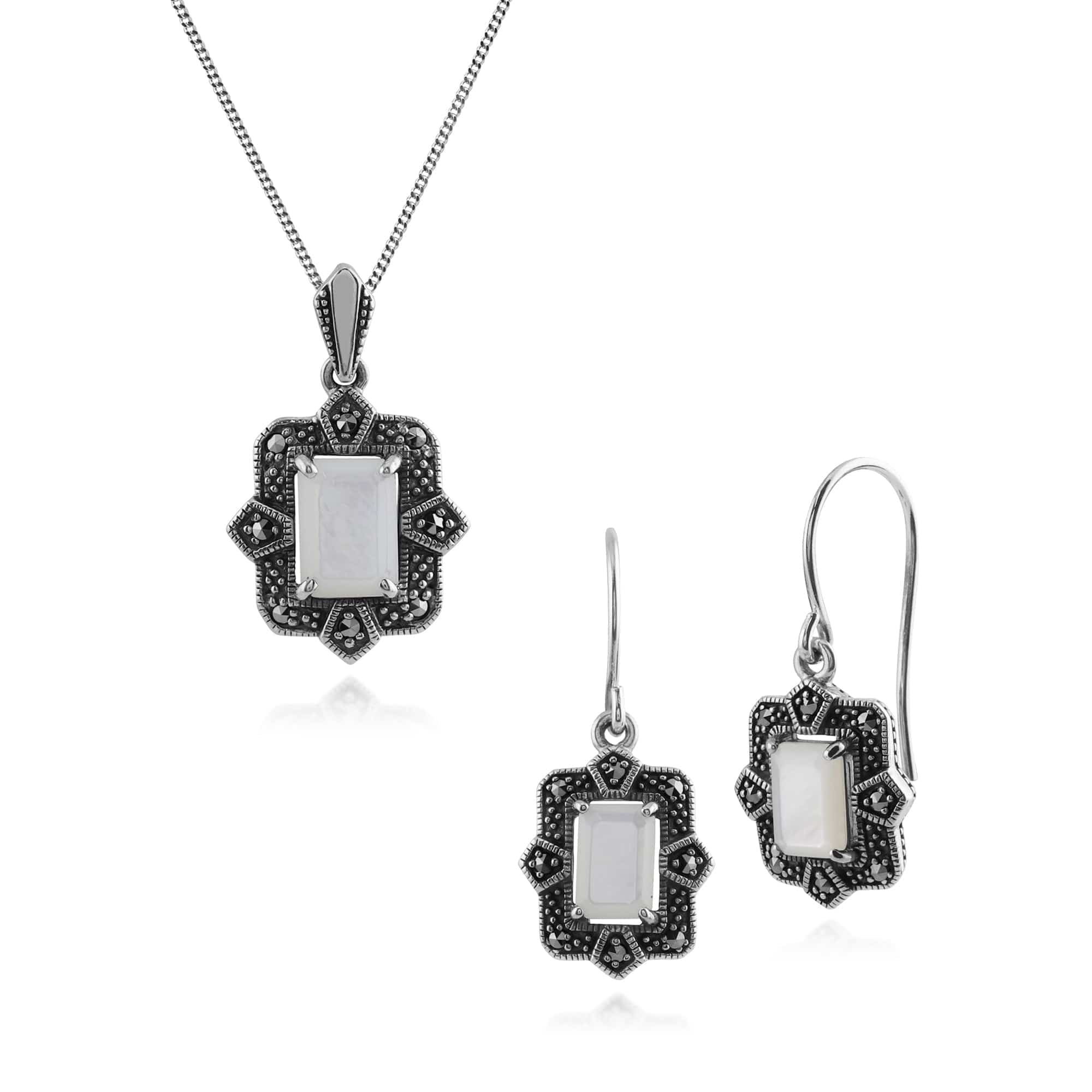 214E850302925-214P297802925 Art Deco Style Baguette Mother of Pearl & Marcasite Framed Drop Earrings & Pendant Set in 925 Sterling Silver 1