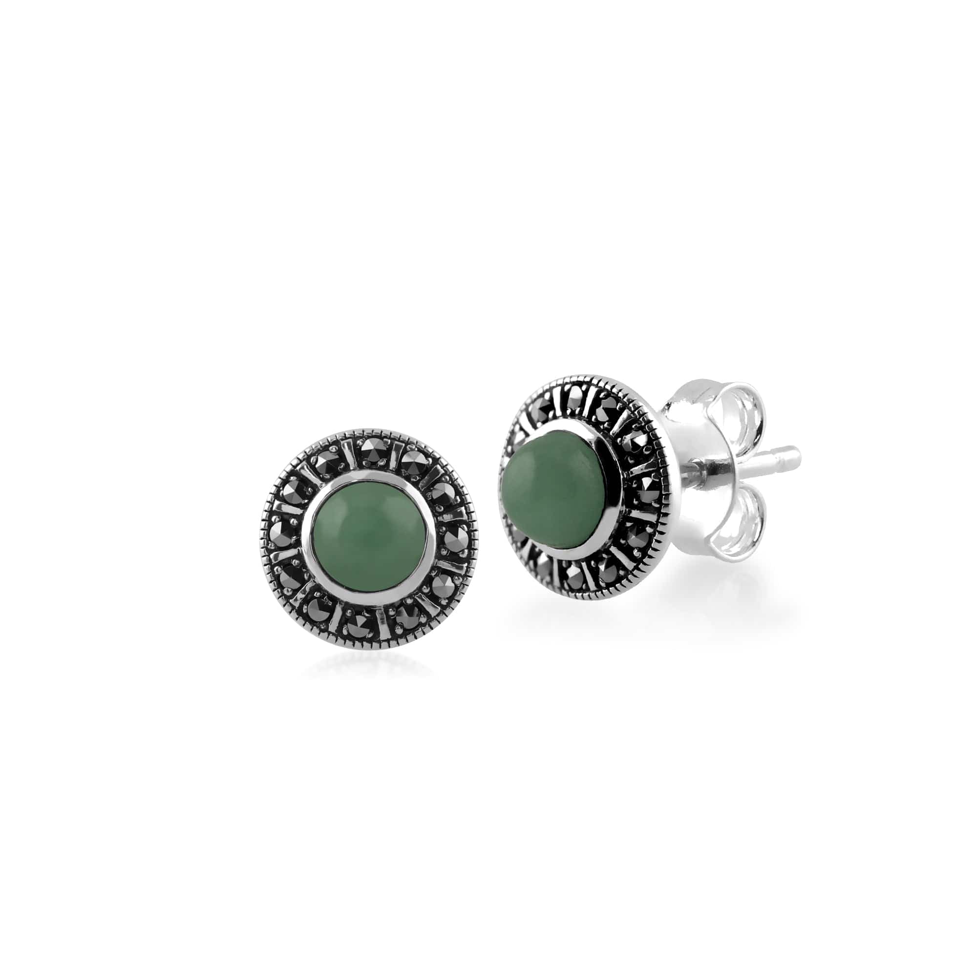 Art Deco Style Round Green Jade & Marcasite Halo Stud Earrings in 925 Sterling Silver - Gemondo