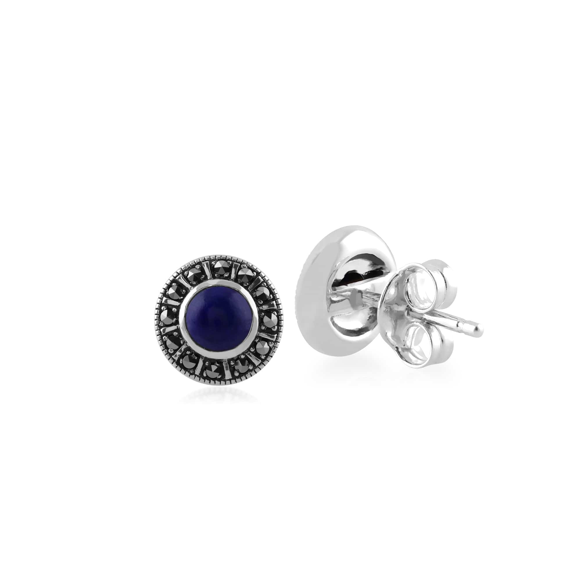 Art Deco Style Round Lapis Lazuli & Marcasite Halo Stud Earrings in 925 Sterling Silver - Gemondo