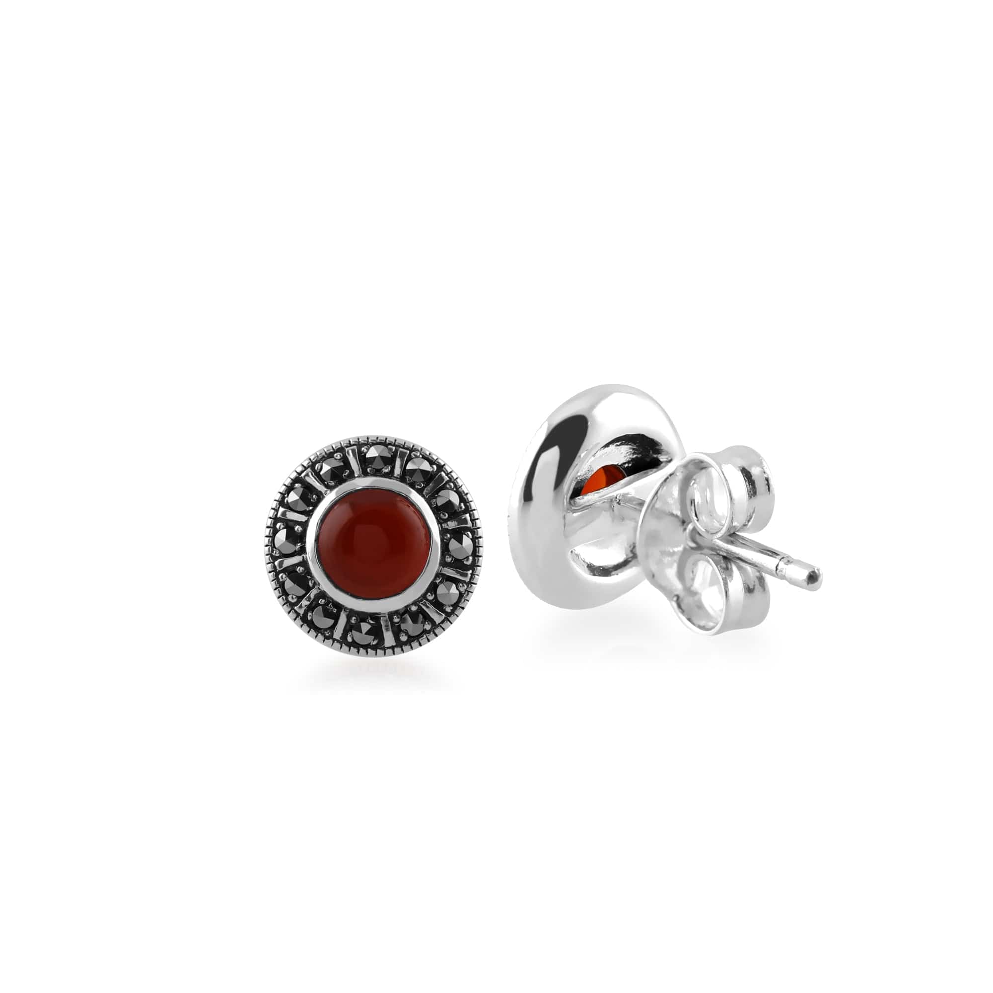 214E850403925 Art Deco Style Round Red Carnelian & Marcasite Halo Stud Earrings in 925 Sterling Silver 2