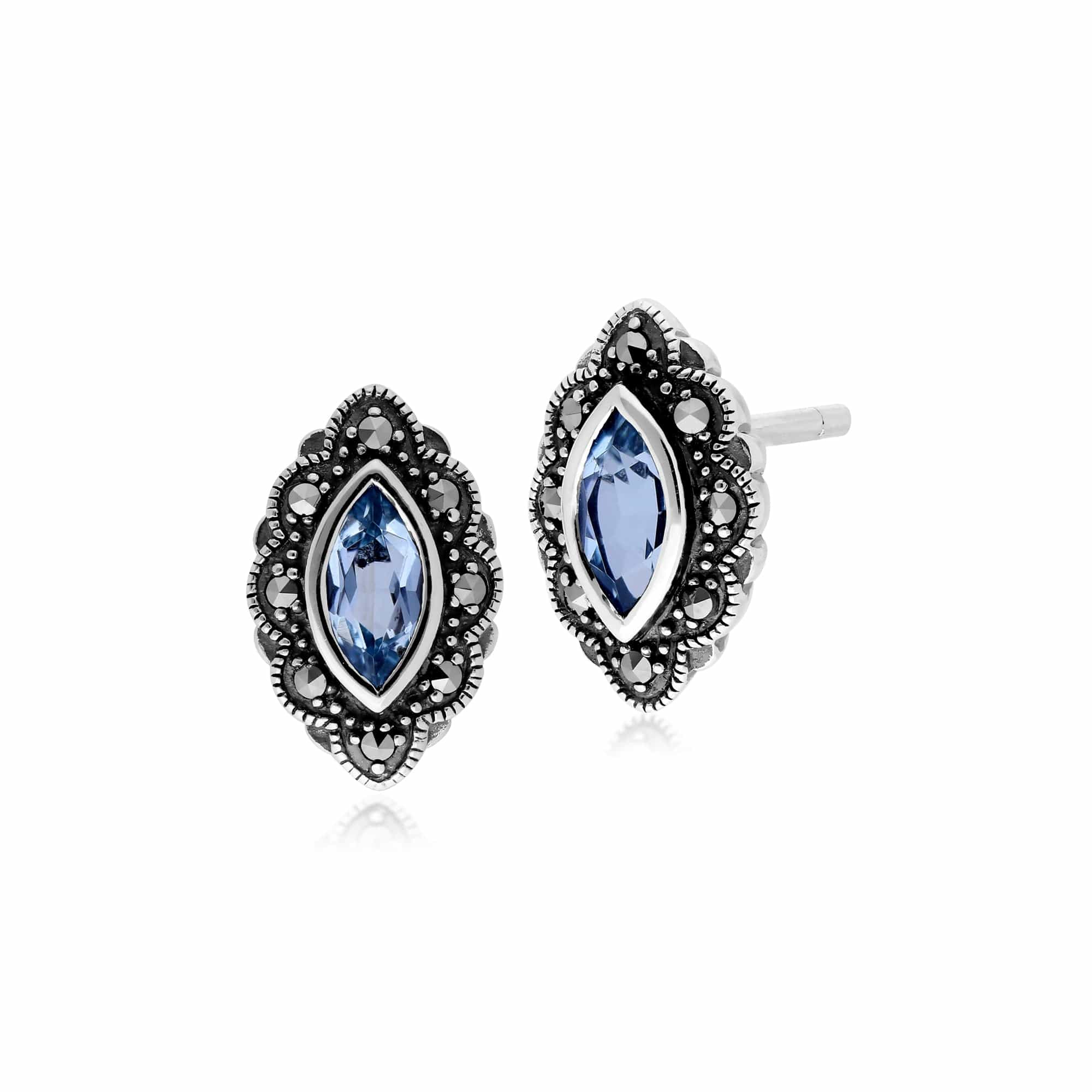 214E852502925 Art Nouveau Marquise Blue Topaz & Marcasite Stud Earrings in 925 Sterling Silver 1