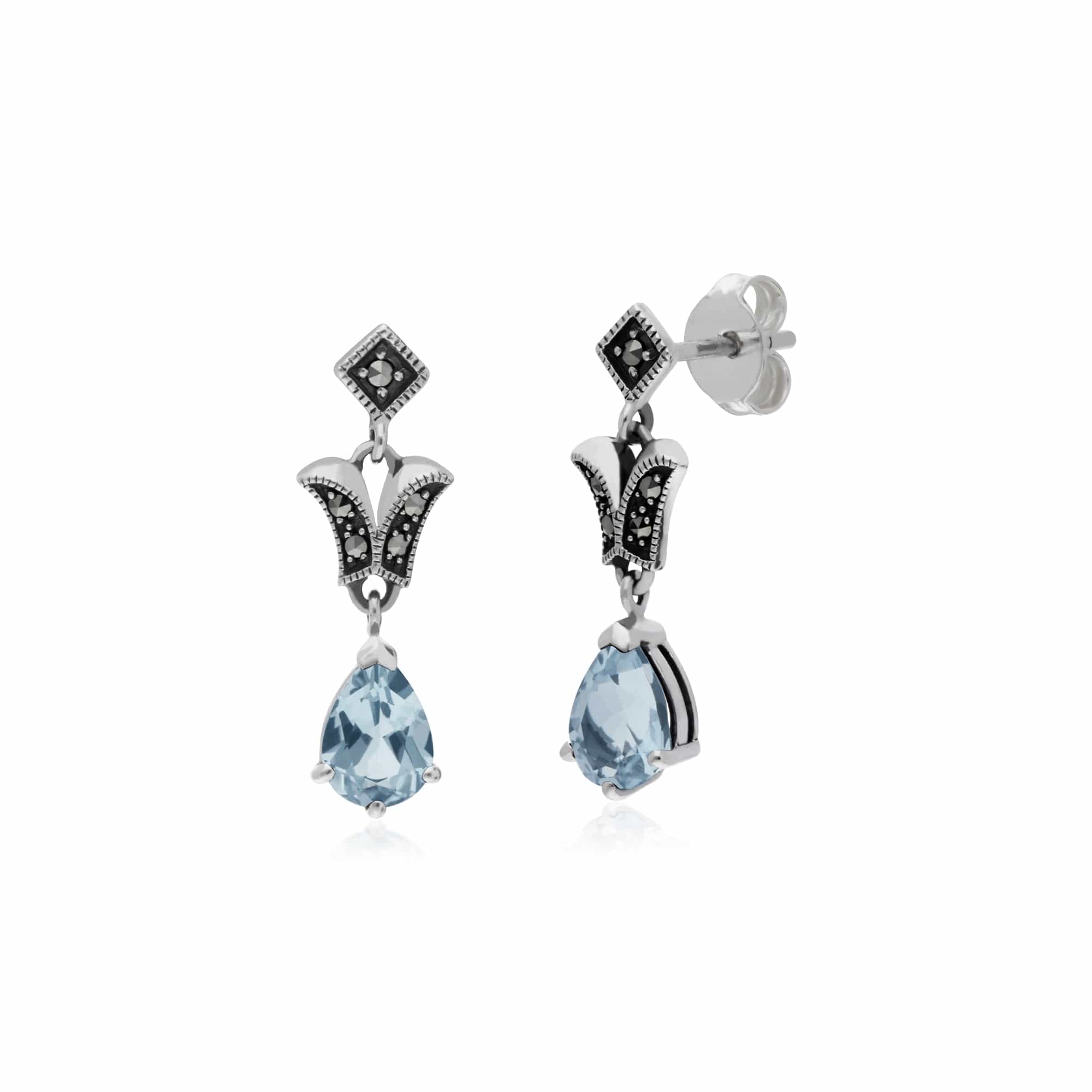 214E859602925 Art Nouveau Style Pear Blue Topaz & Marcasite Drop Earrings in 925 Sterling Silver 1