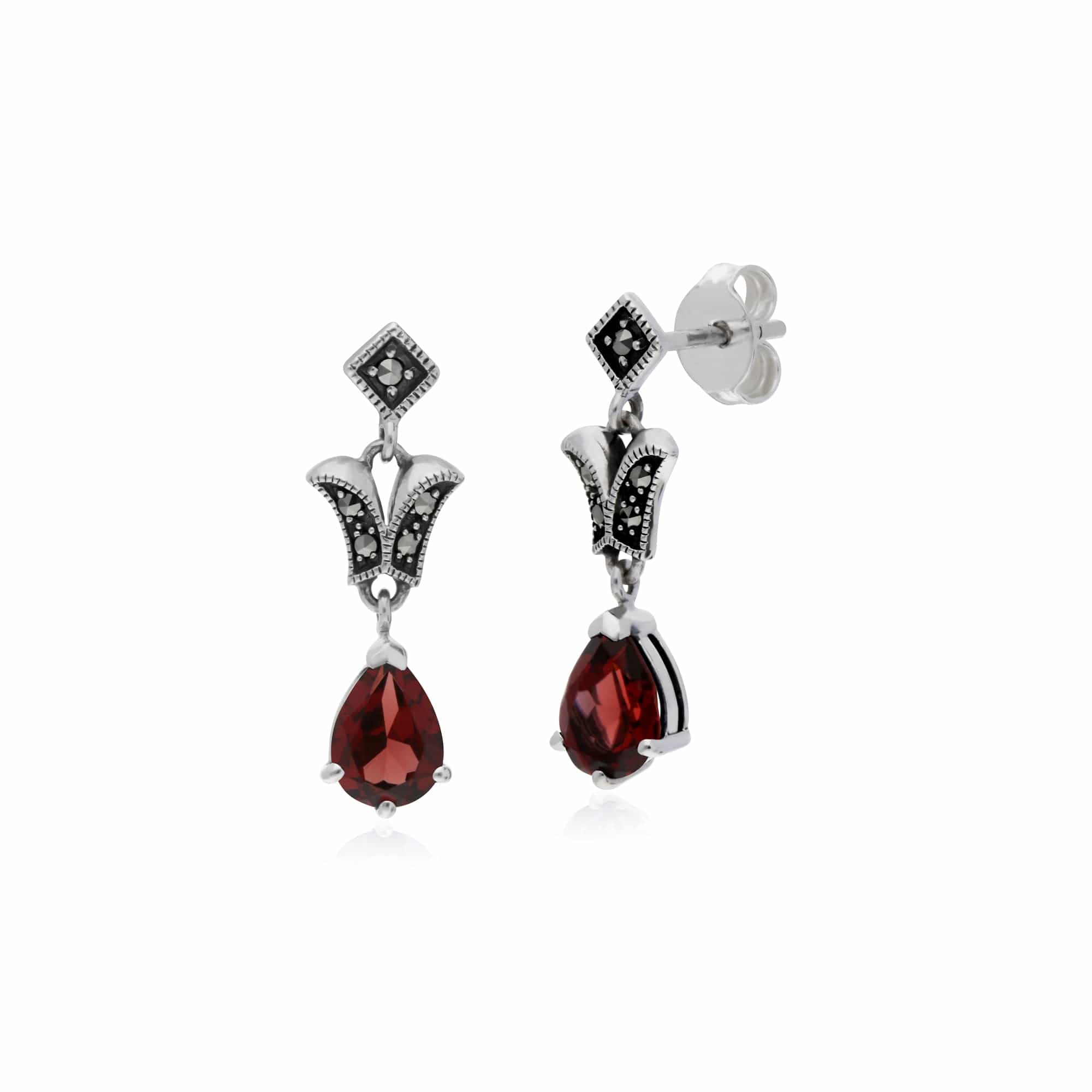 Art Nouveau Style Pear Garnet & Marcasite Drop Earrings in 925 Sterling Silver - Gemondo
