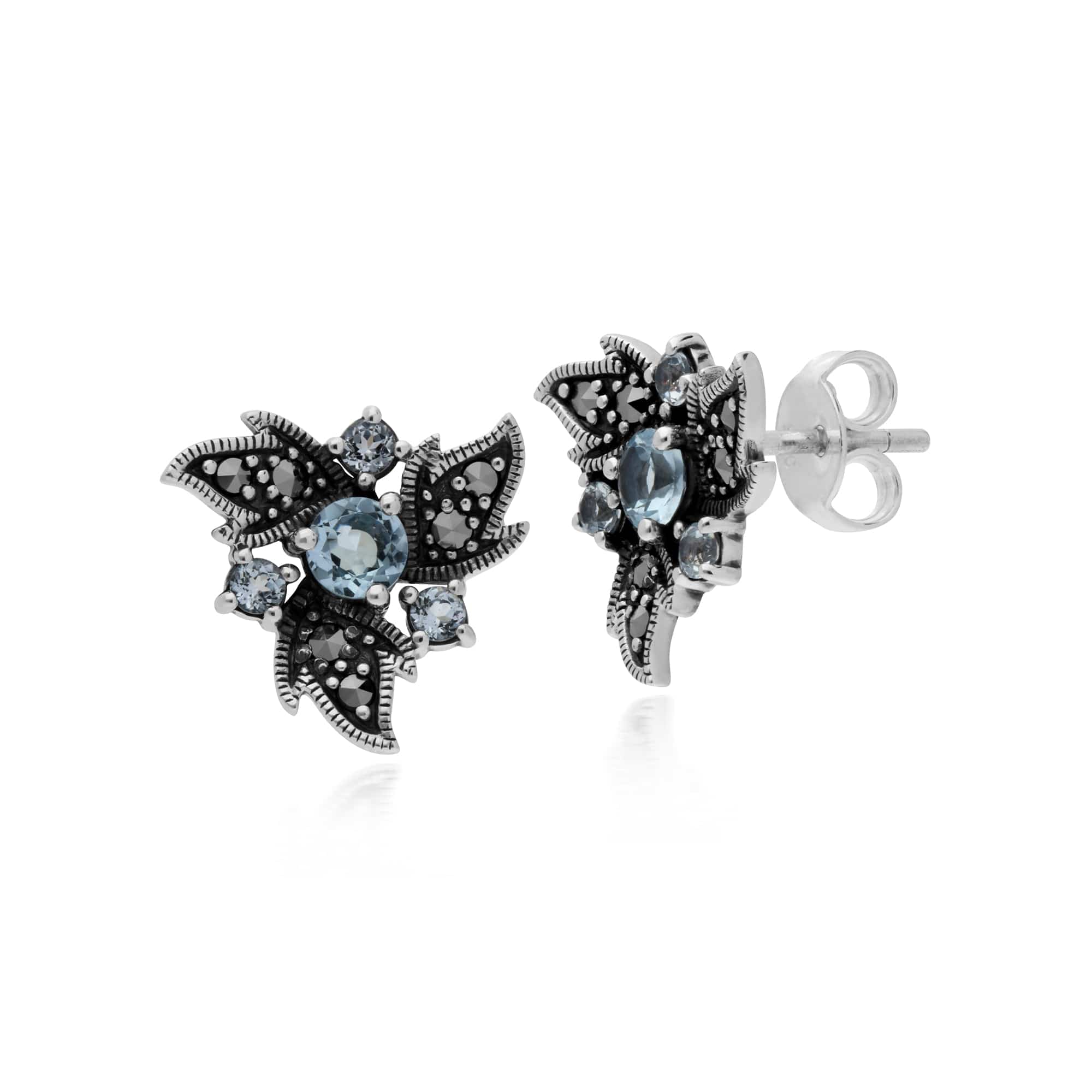 214E860401925 Gemondo Sterling Silver Blue Topaz & Marcasite Art Noveau Floral Earrings 1