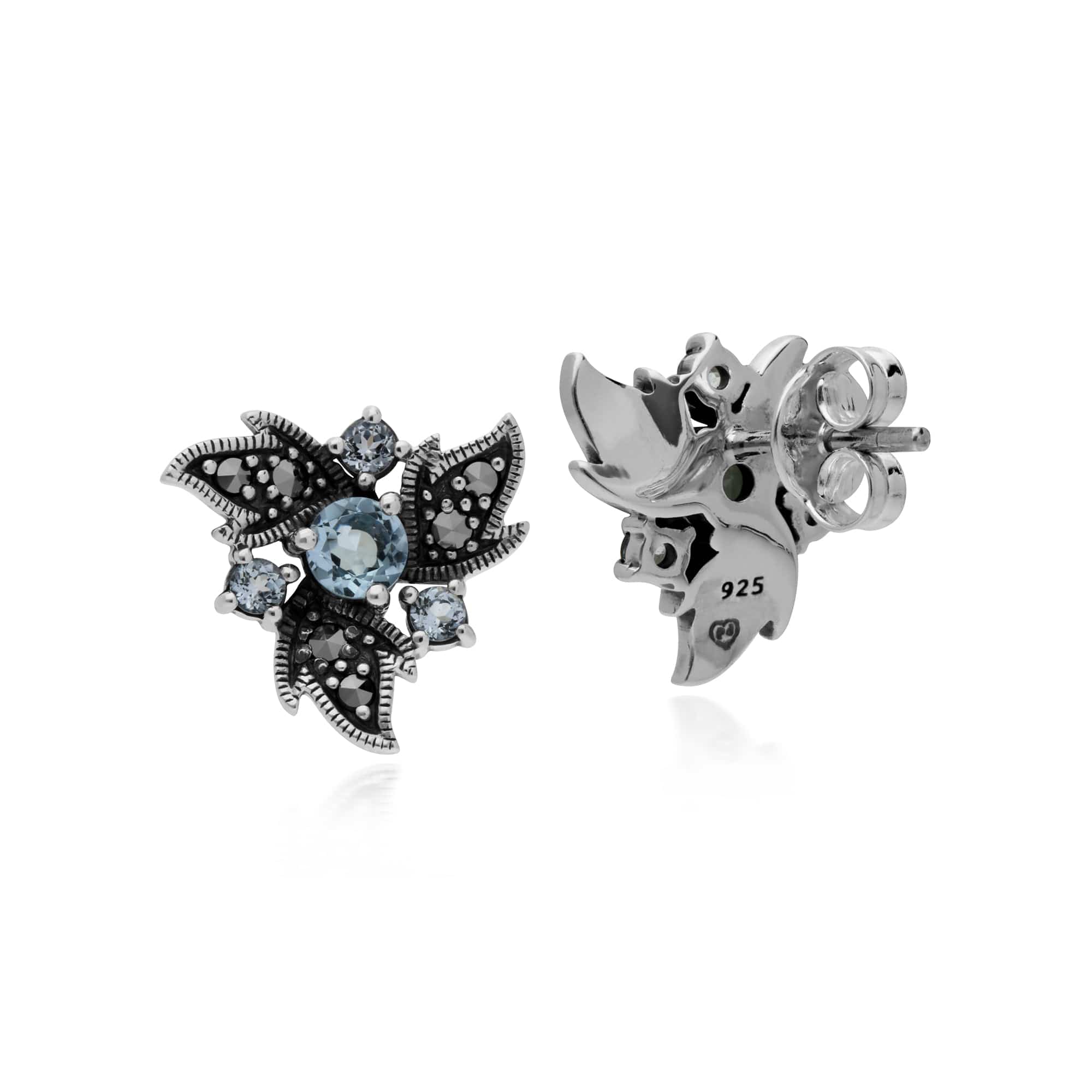 214E860401925 Gemondo Sterling Silver Blue Topaz & Marcasite Art Noveau Floral Earrings 2