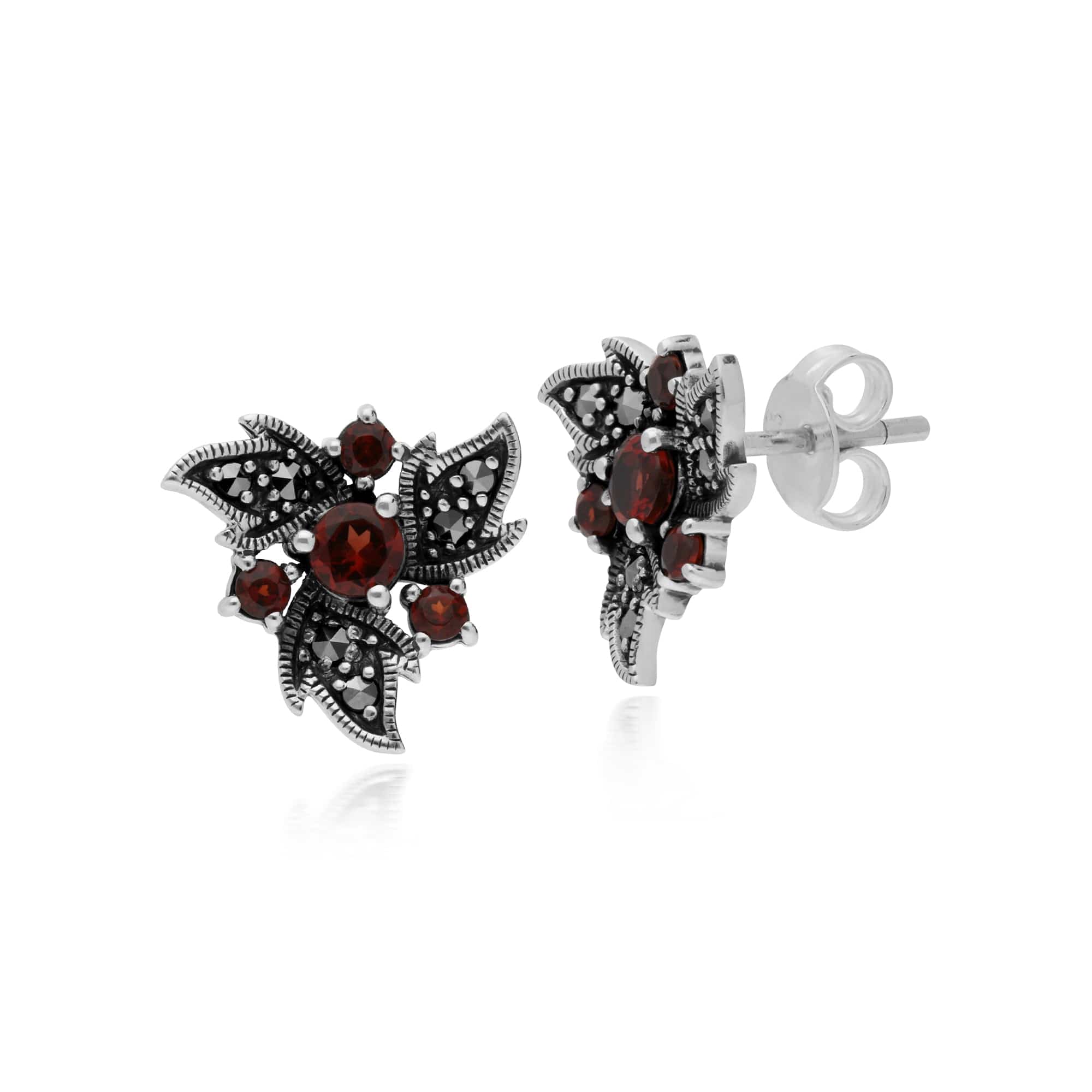 214E860403925 Art Nouveau Style Round Garnet & Marcasite Leaves Stud Earrings in 925 Sterling Silver 1