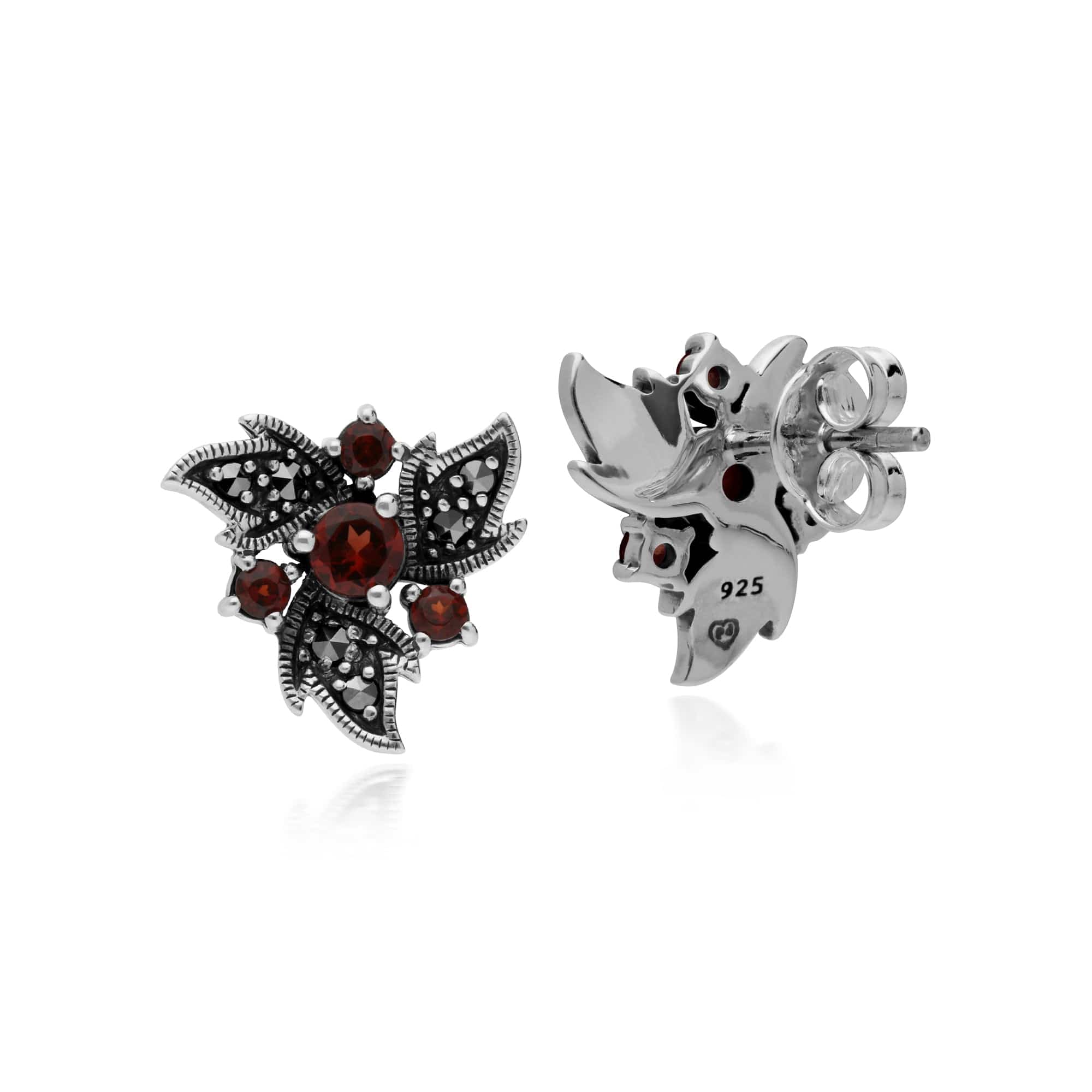 214E860403925 Art Nouveau Style Round Garnet & Marcasite Leaves Stud Earrings in 925 Sterling Silver 2