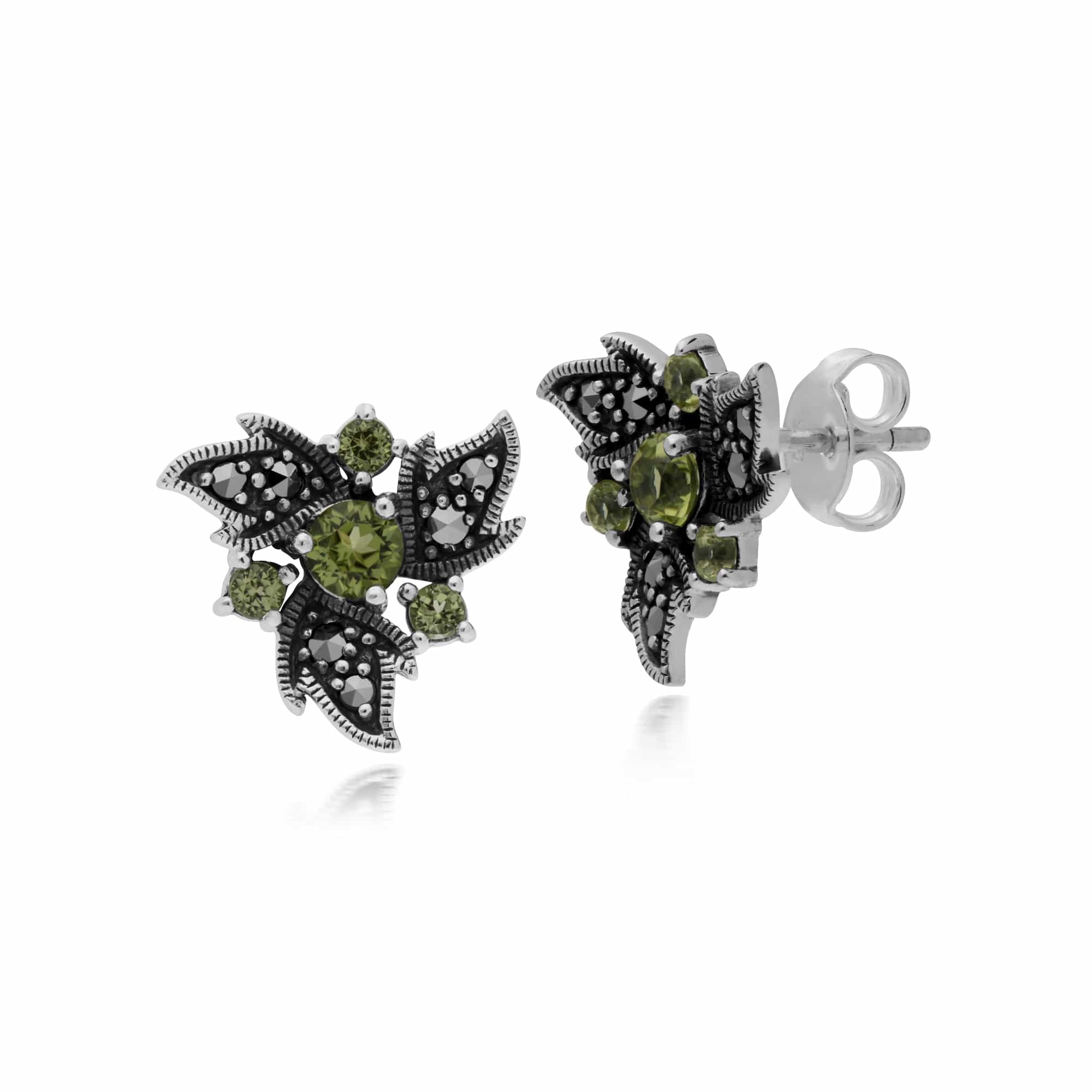 Gemondo Sterling Silver Peridot & Marcasite Art Nouveau Floral Earrings - Gemondo