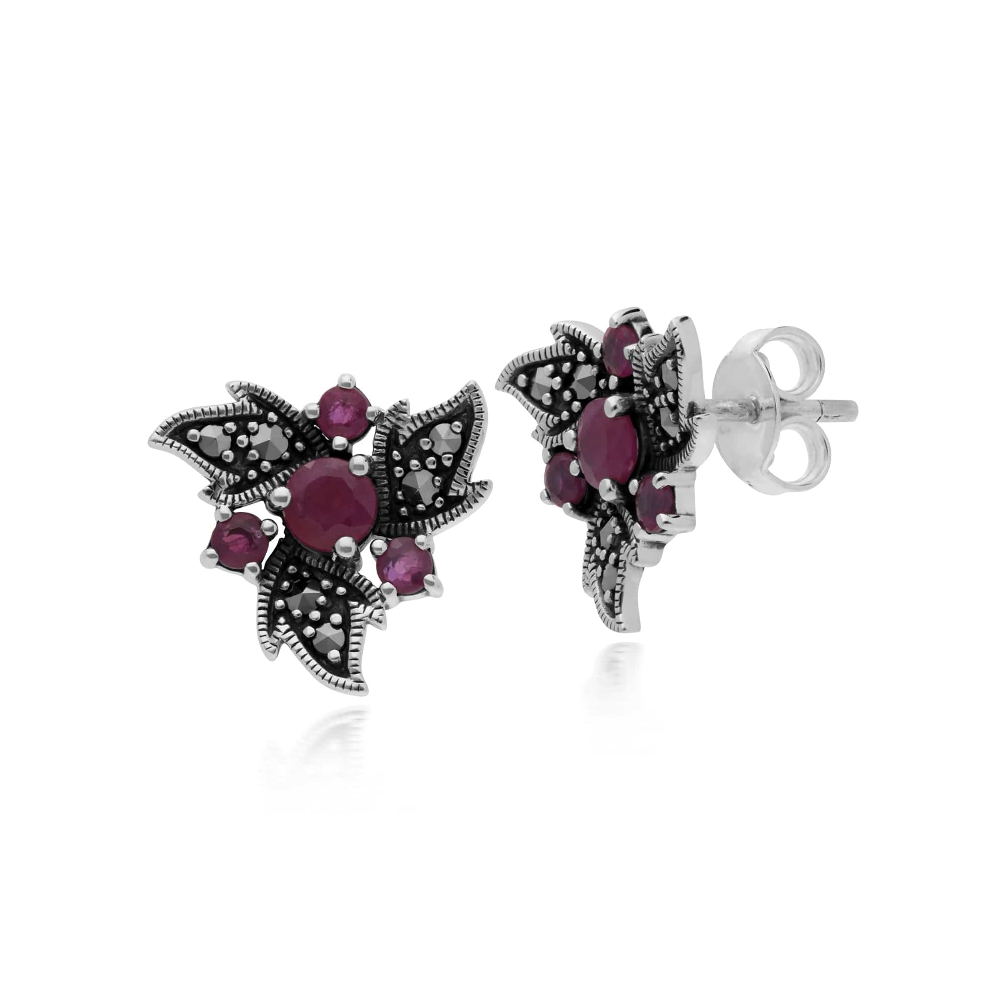 Gemondo Sterling Silver Ruby & Marcasite Art Nouveau Floral Earrings - Gemondo