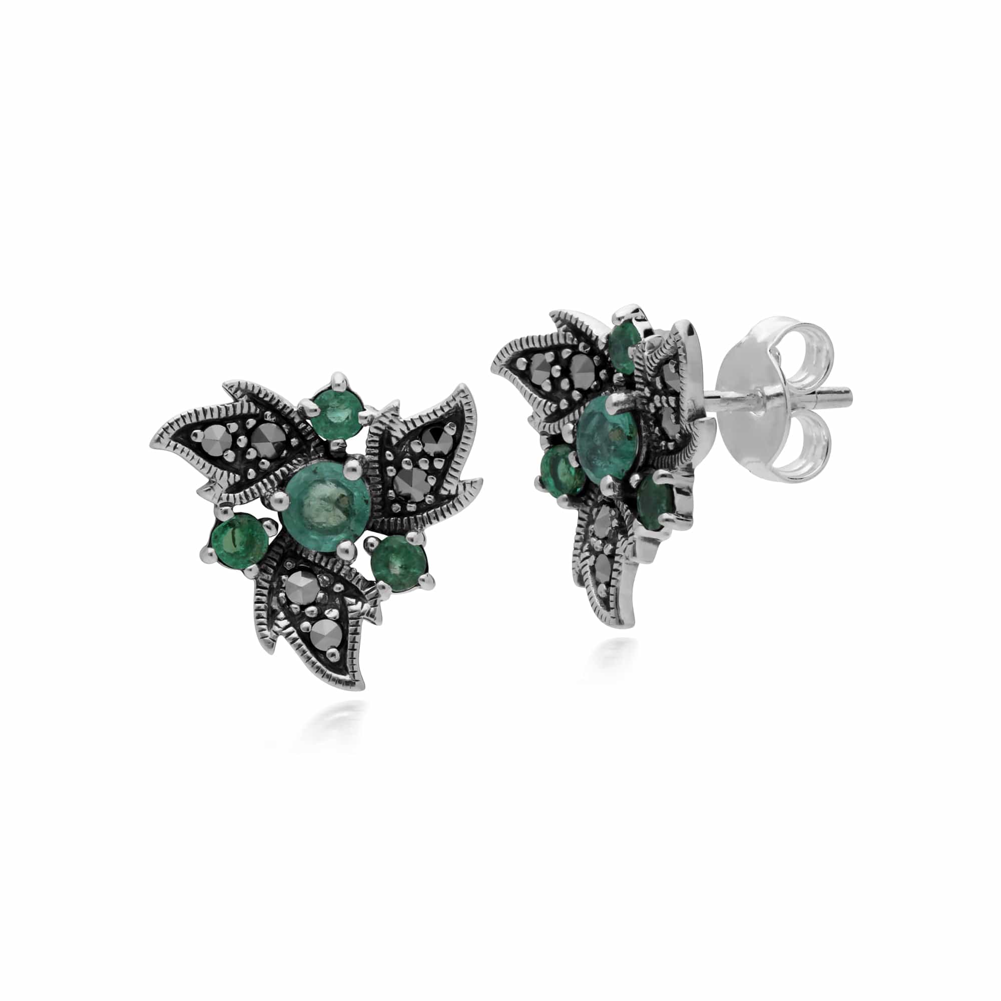 Art Nouveau Style Round Emerald & Marcasite Floral Stud Earrings in Sterling Silver