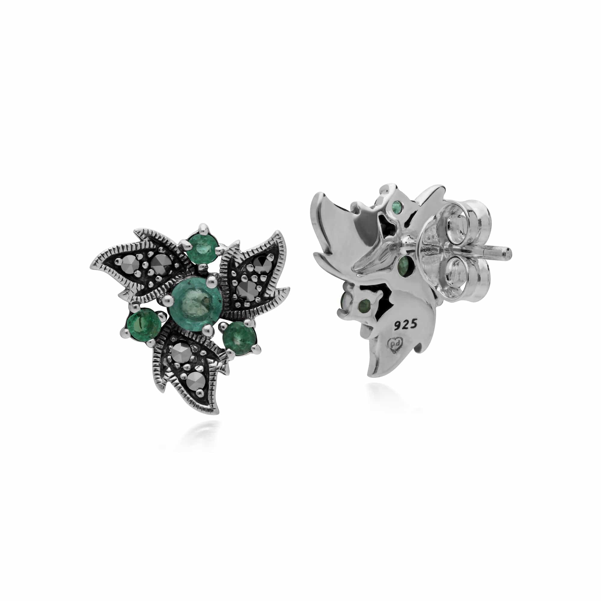Art Nouveau Style Round Emerald & Marcasite Floral Stud Earrings in Sterling Silver - Gemondo