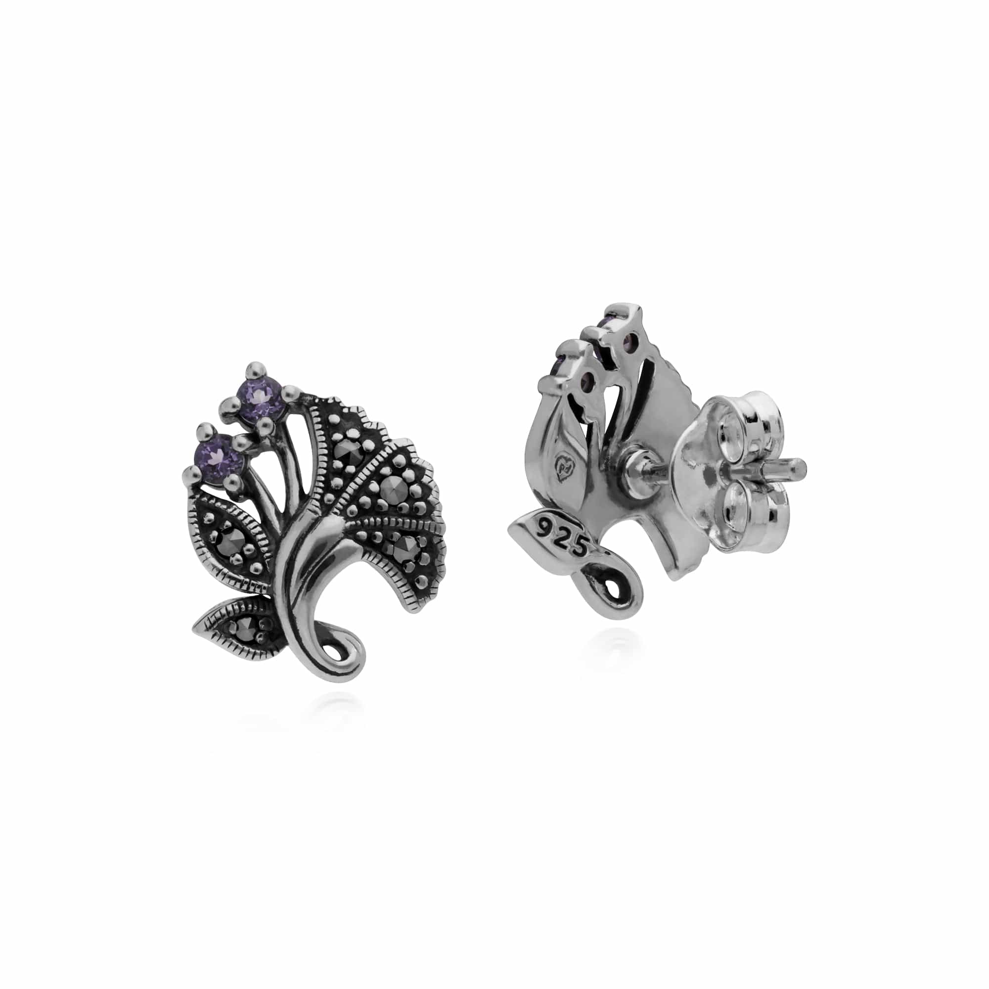 214E860502925 Gemondo Sterling Silver Amethyst & Marcasite February Art Nouveau Stud Earrings 2