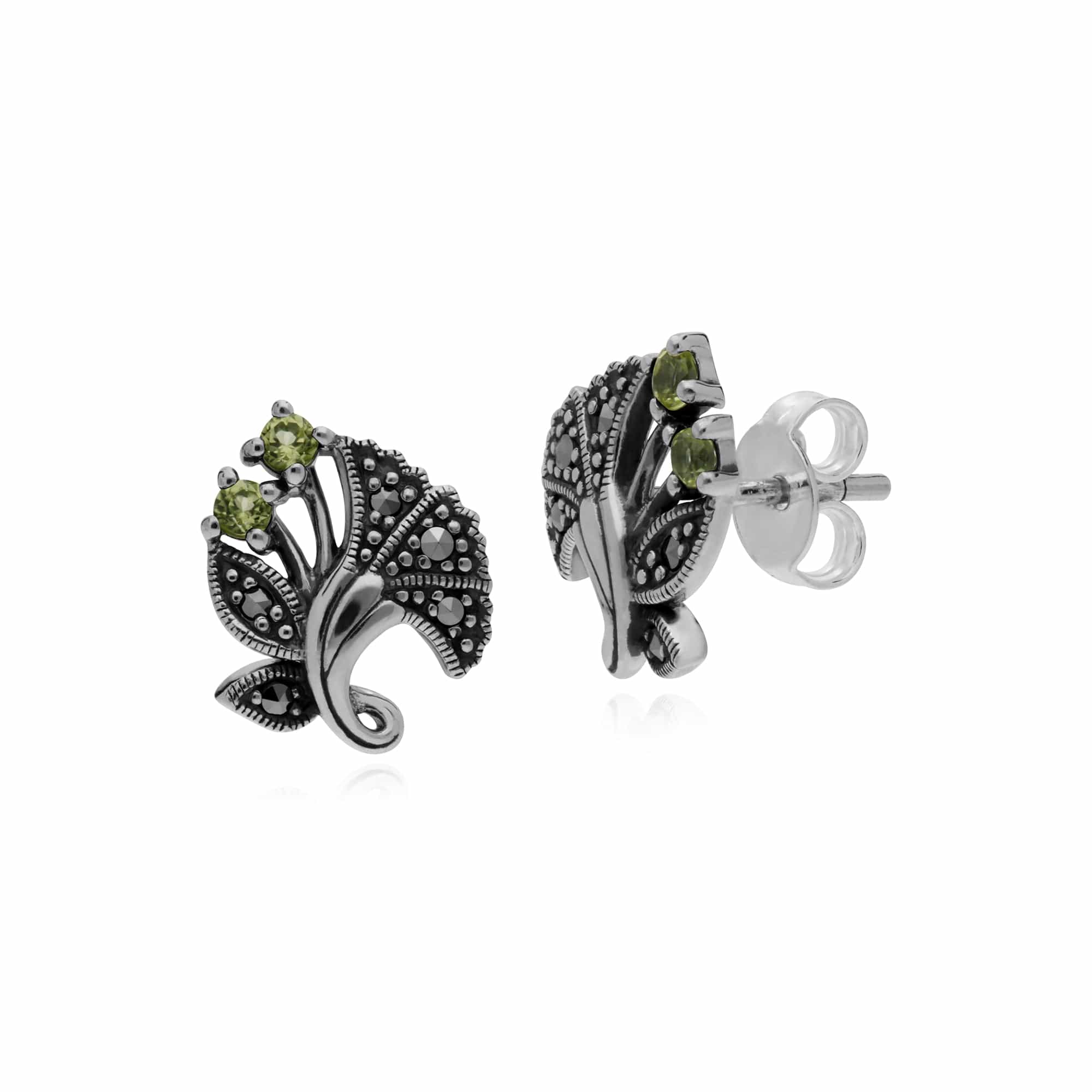 214E860504925 Gemondo Sterling Silver Peridot & Marcasite August Art Nouveau Stud Earrings 1
