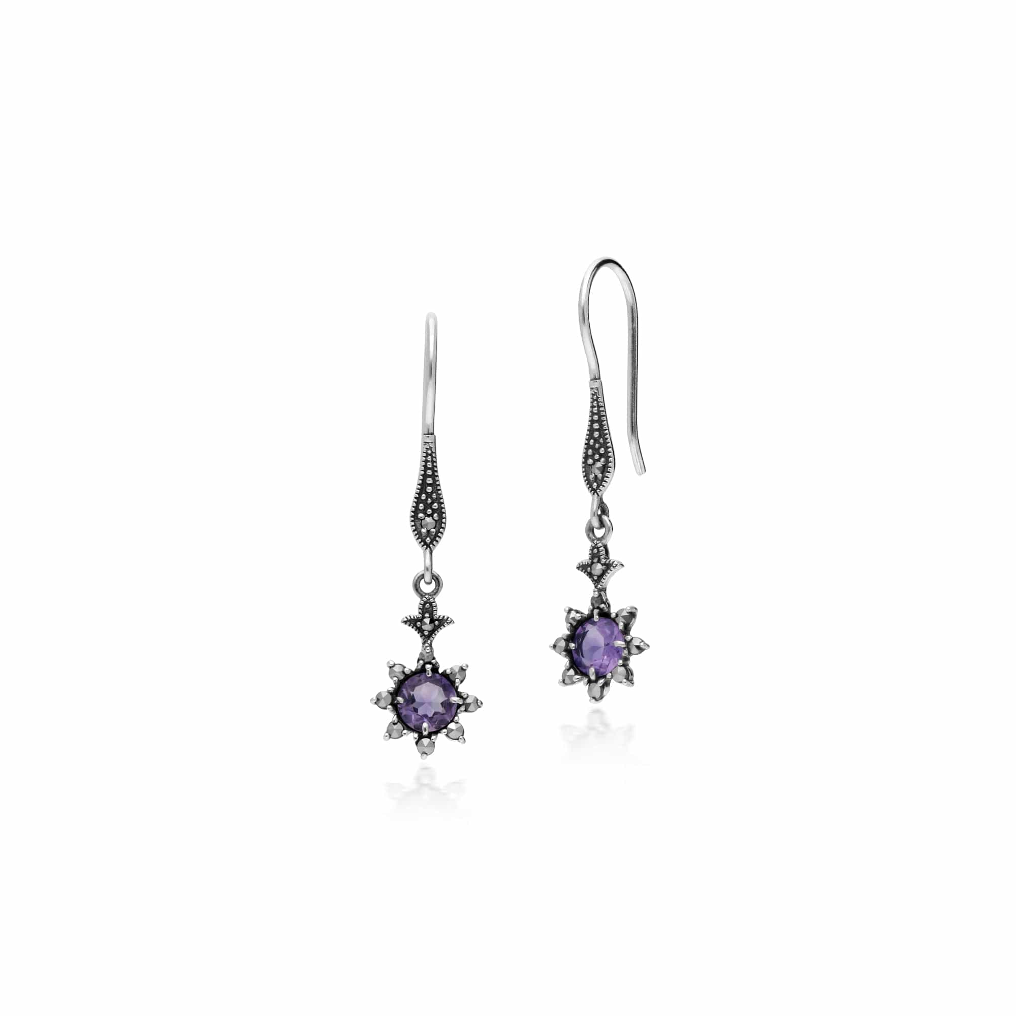 214E860602925-214R599502925 Art Nouveau Style Style Round Amethyst & Marcasite Starburst Drop Earrings & Ring Set in 925 Sterling Silver 2