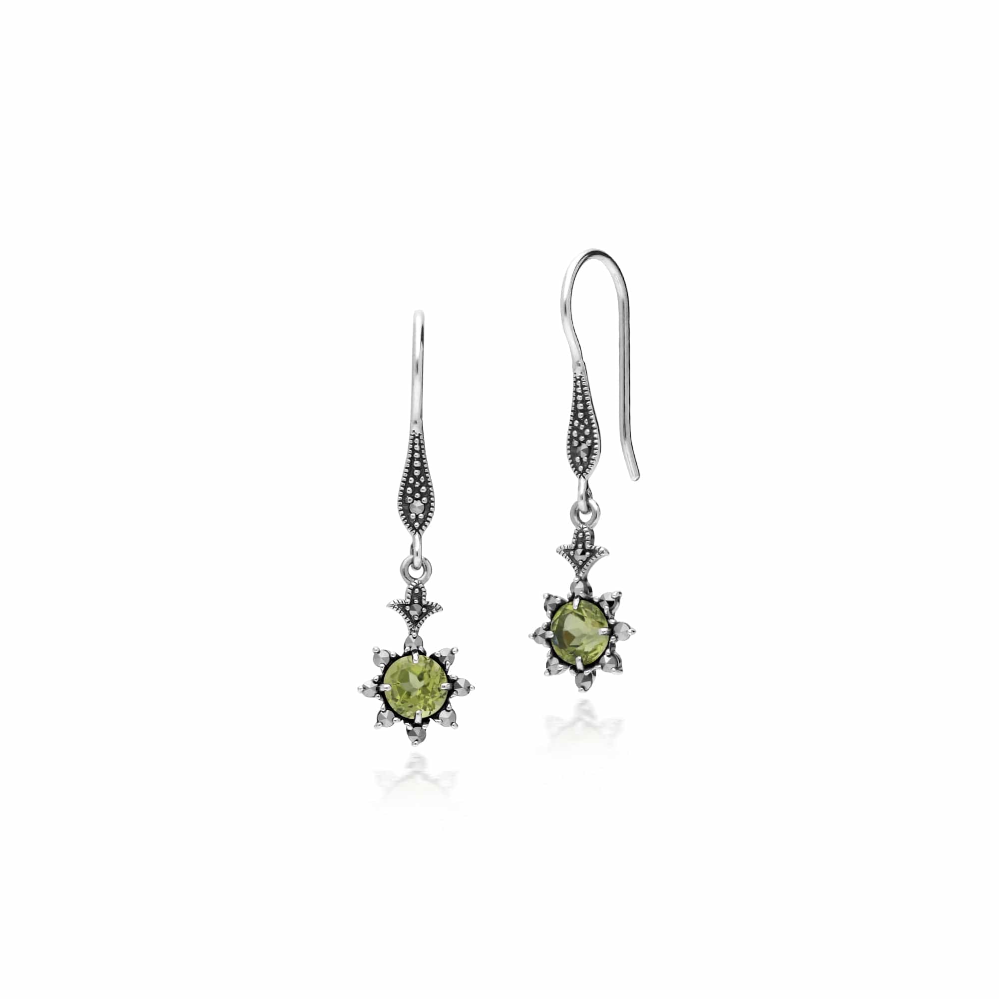 Floral Round Peridot & Marcasite Drop Earrings in 925 Sterling Silver - Gemondo