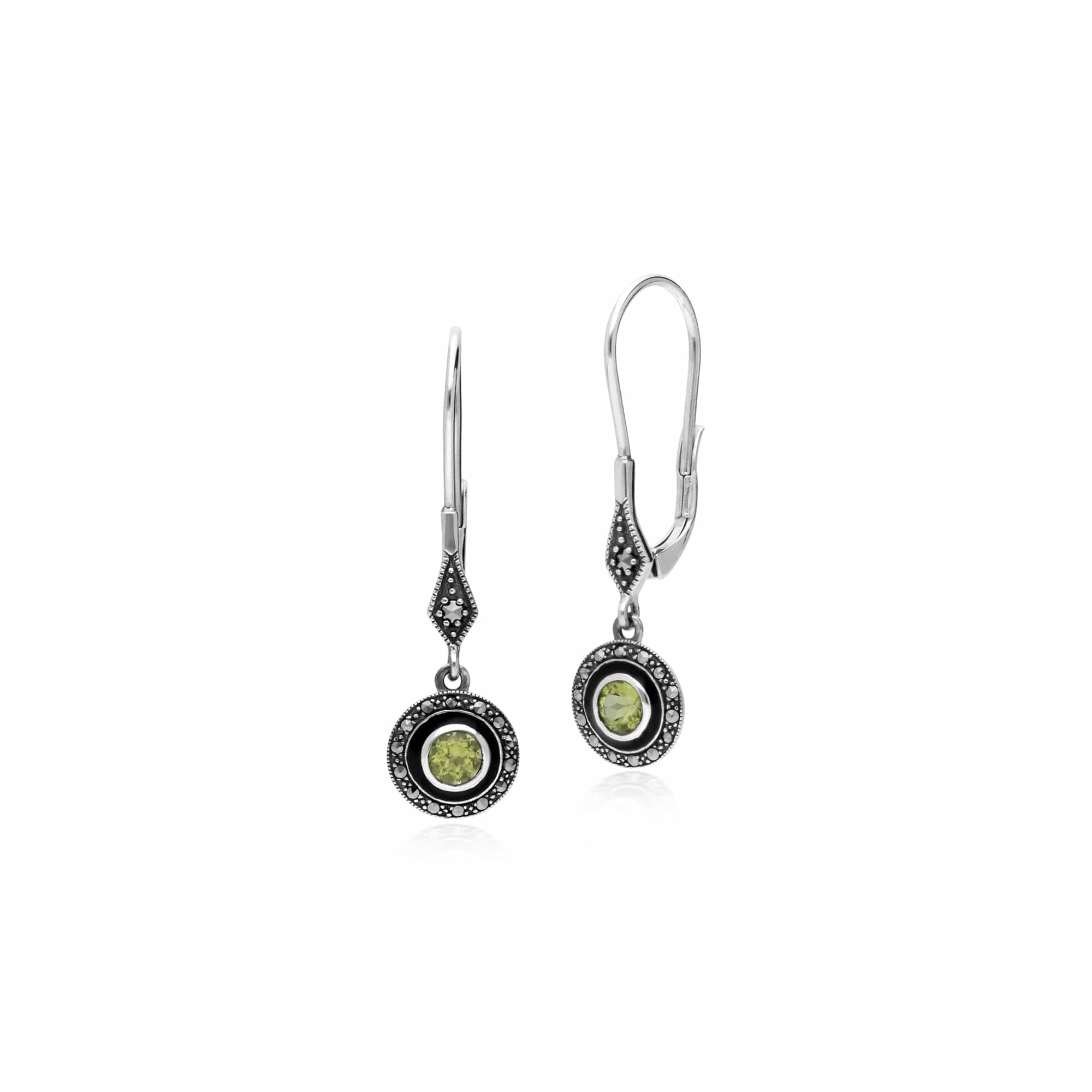 214E860704925-214R599604925 Art Deco Style Round Peridot, Marcasite & Black Enamel Drop Earrings & Ring Set in 925 Sterling Silver 2