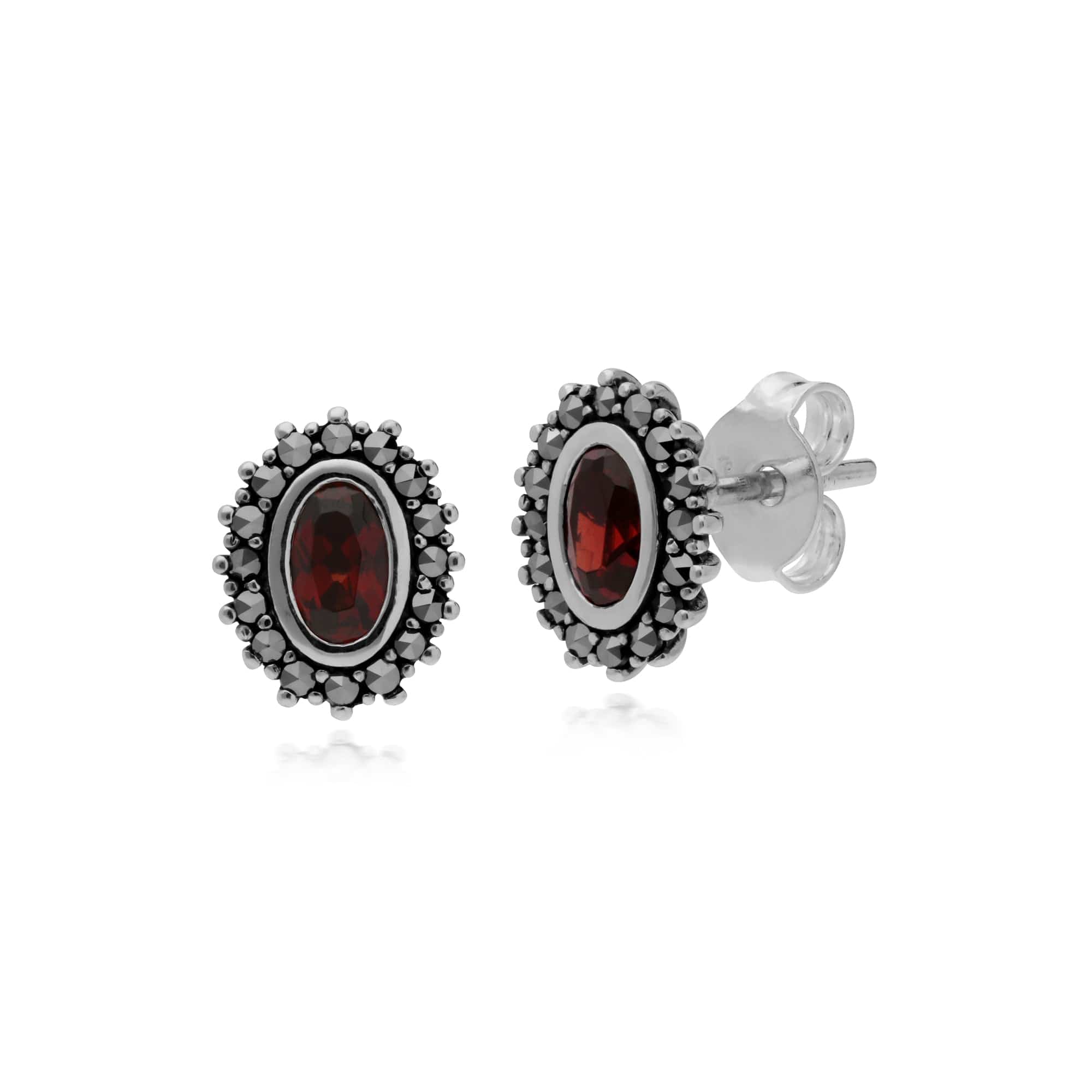 214E860903925-214R599703925 Art Deco Style Oval Garnet & Marcasite Halo Stud Earrings & Ring Set in 925 Sterling Silver 2