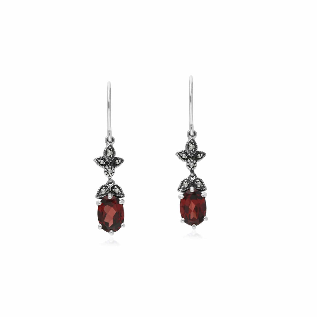 214E861101925 Art Nouveau Style Oval Garnet & Marcasite Drop Earrings in 925 Sterling Silver 1