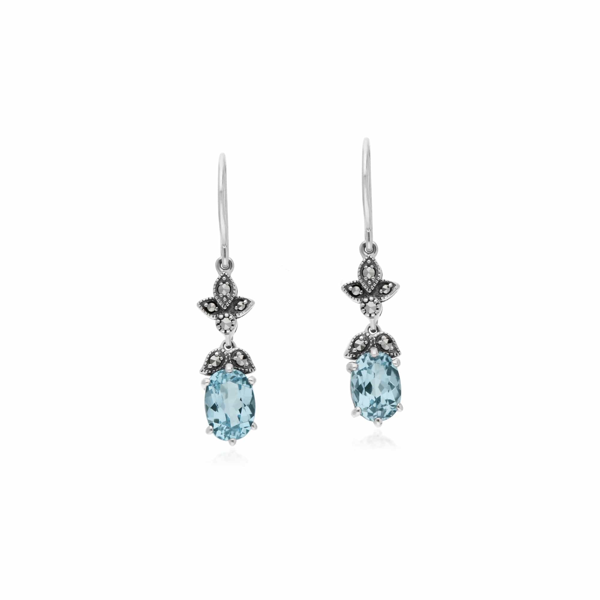 Art Nouveau Style Oval Blue Topaz & Marcasite Drop Earrings in 925 Sterling Silver - Gemondo