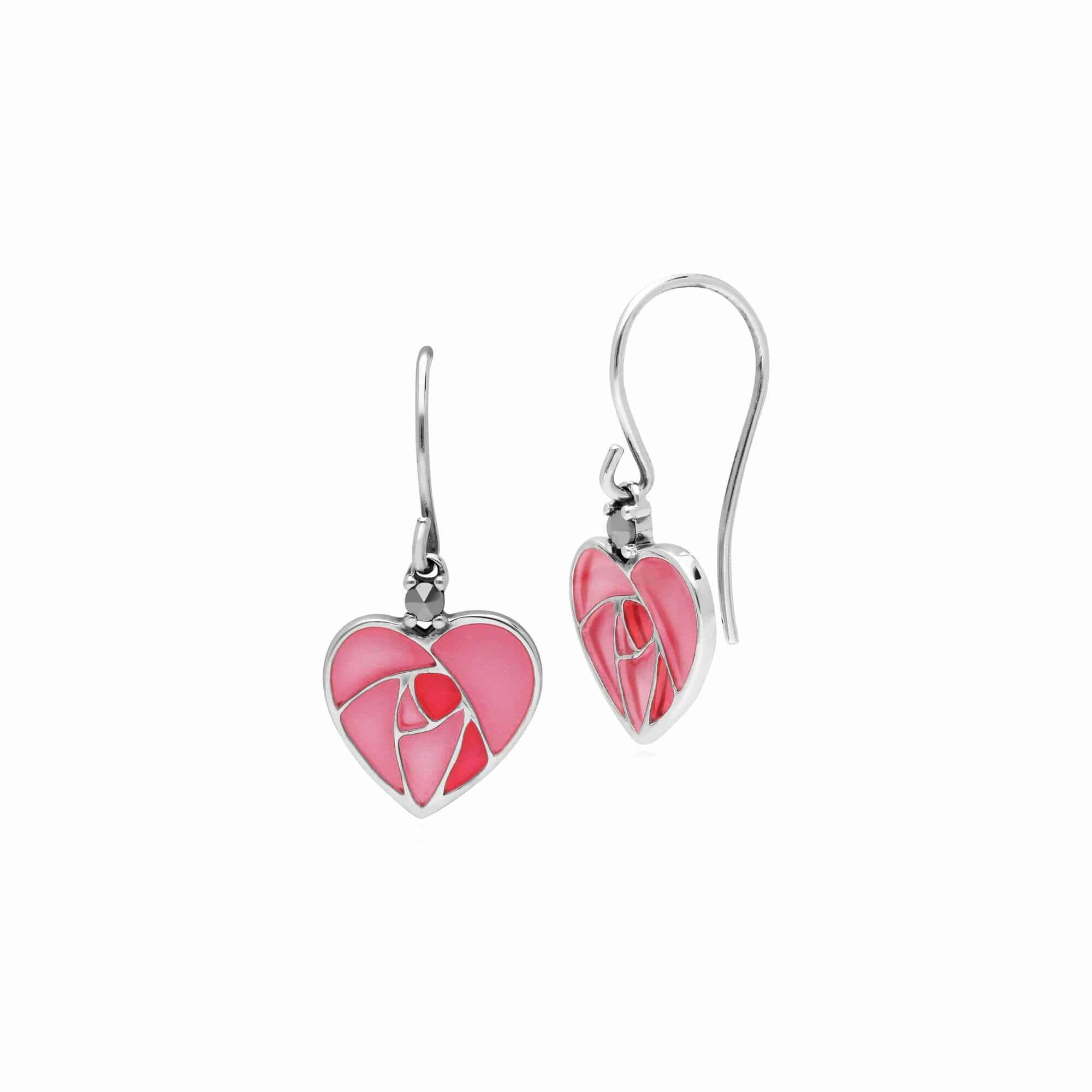 Rennie Mackintosh Round Marcasite & Enamel Rose Heart Drop Earrings in 925 Sterling Silver - Gemondo