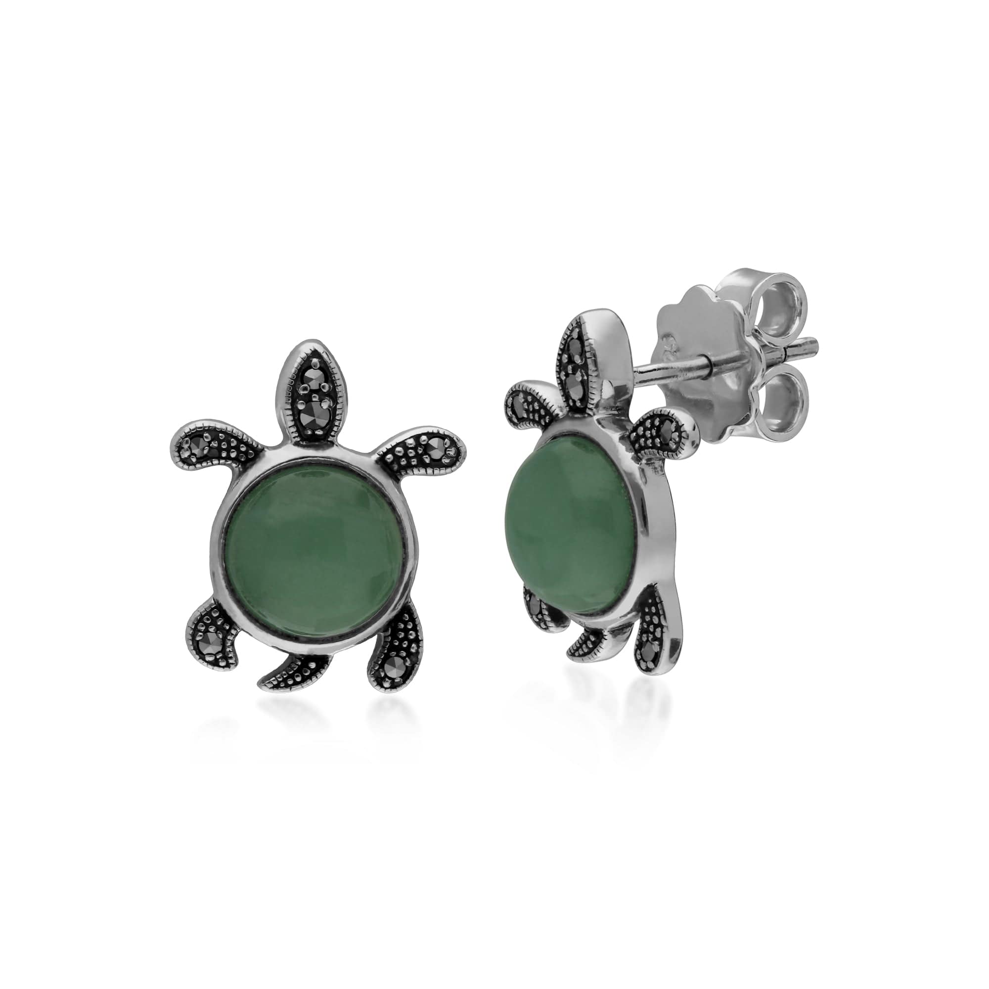 Classic Round Green Jade & Marcasite Turtle Stud Earrings in 925 Sterling Silver - Gemondo