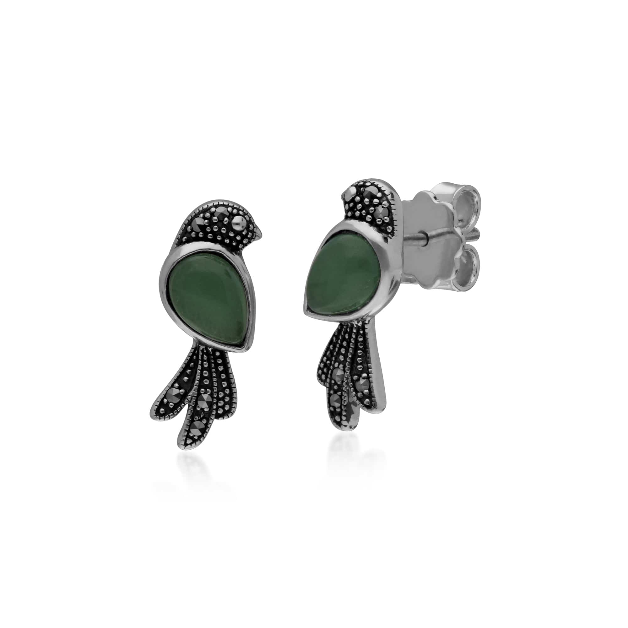 Classic Pear Green Jade & Marcasite Bird Stud Earrings in 925 Sterling Silver - Gemondo