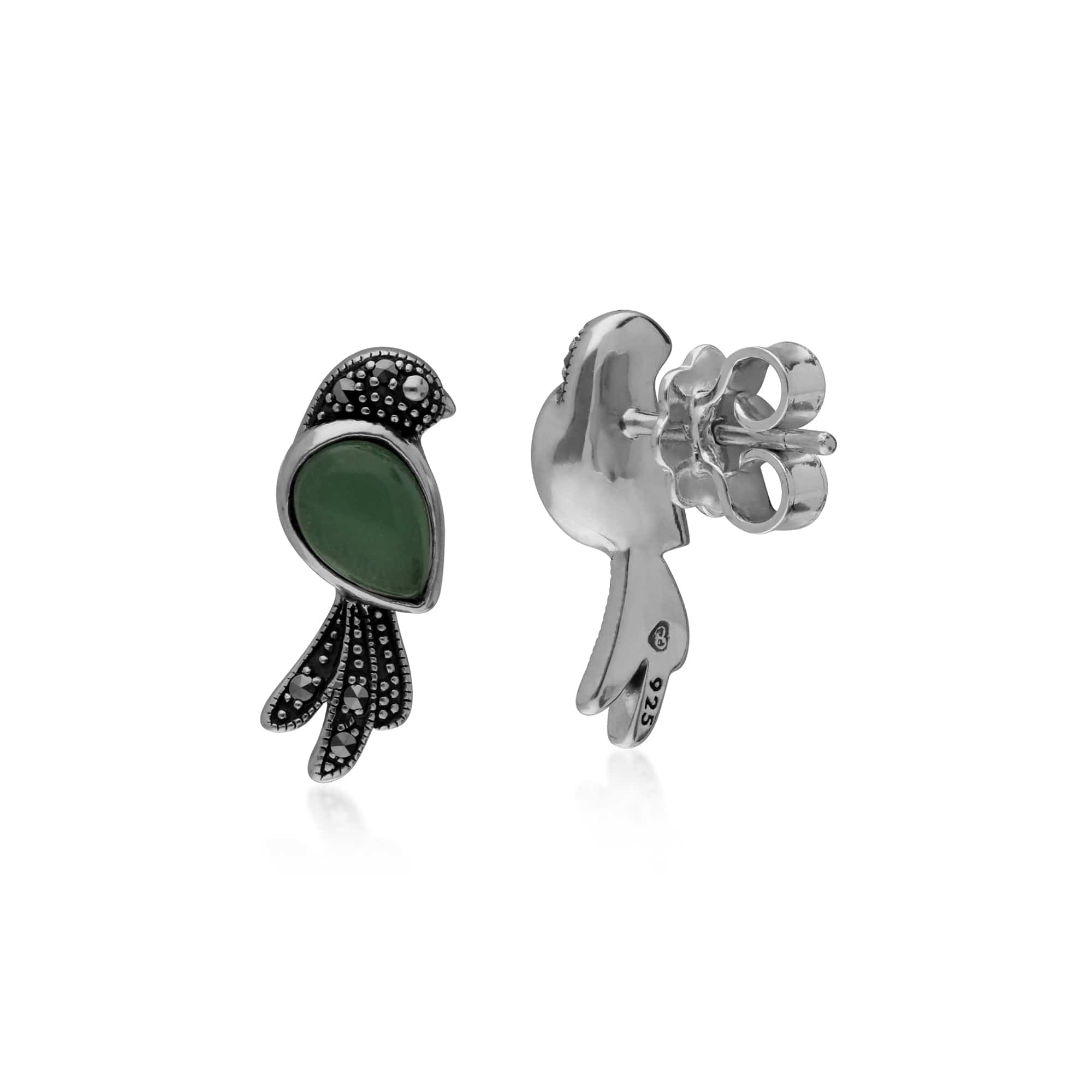 Classic Pear Green Jade & Marcasite Bird Stud Earrings in 925 Sterling Silver - Gemondo