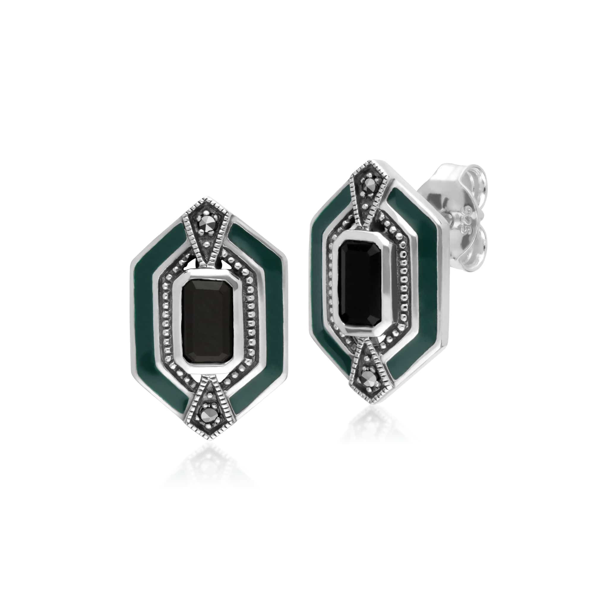 214E868104925-214L164504925 Art Deco Style Black Onyx, Marcasite & Green Enamel Hexagon Stud Earrings & Bracelet Set in 925 Sterling Silver 2