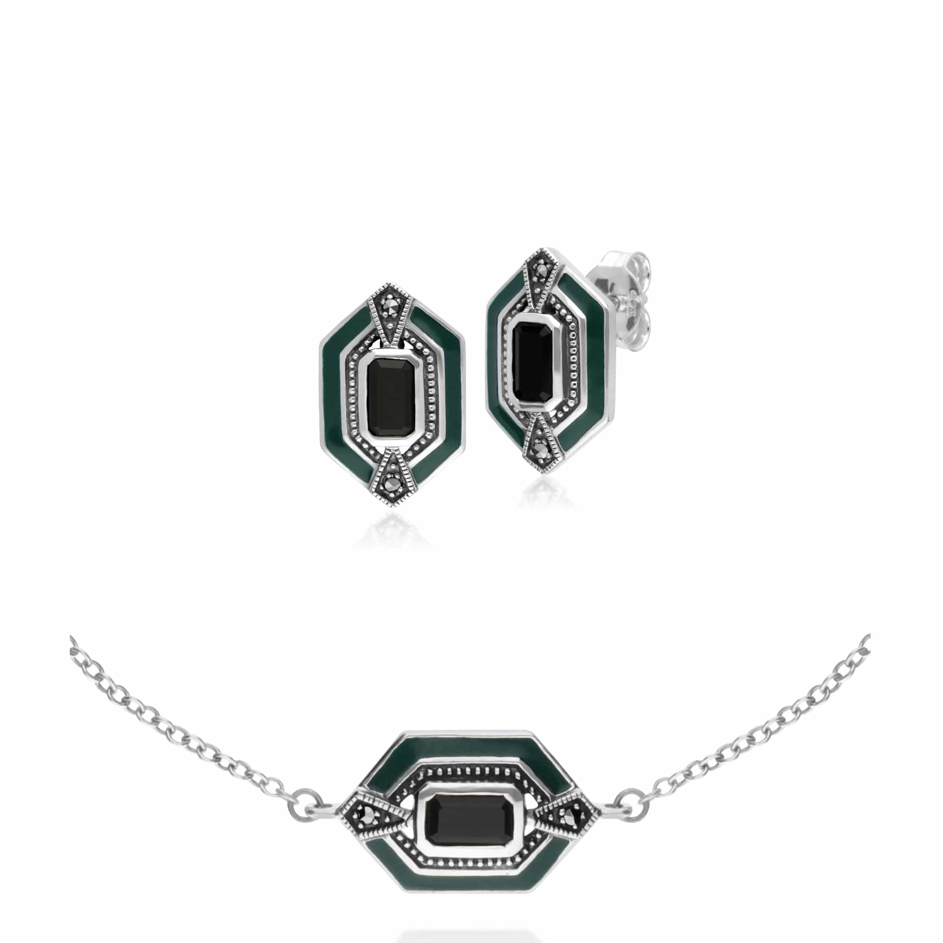 214E868104925-214L164504925 Art Deco Style Black Onyx, Marcasite & Green Enamel Hexagon Stud Earrings & Bracelet Set in 925 Sterling Silver 1