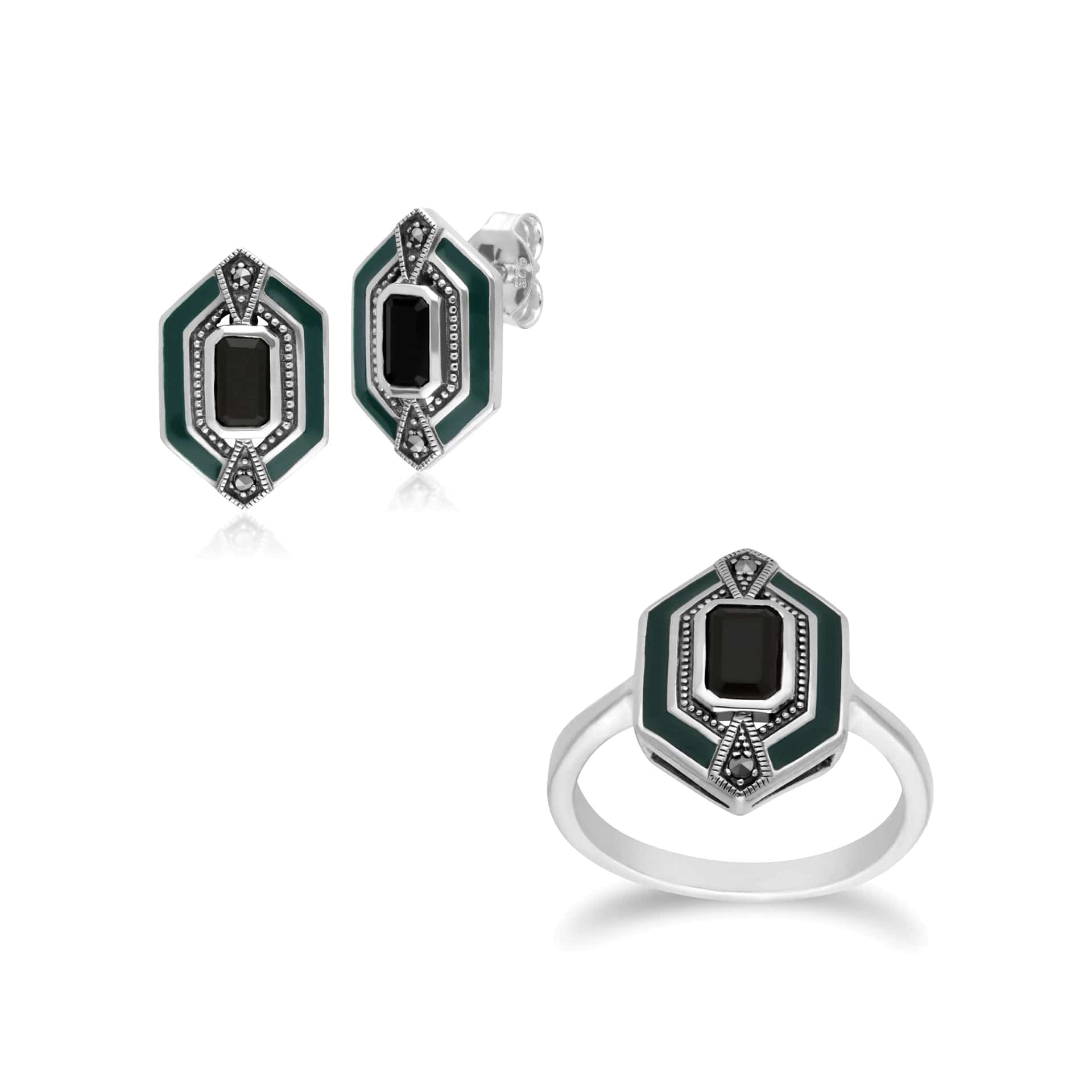 214E868104925-214R602604925 Art Deco Style Black Onyx, Marcasite & Green Enamel Hexagon Stud Earrings & Ring Set in 925 Sterling Silver 1