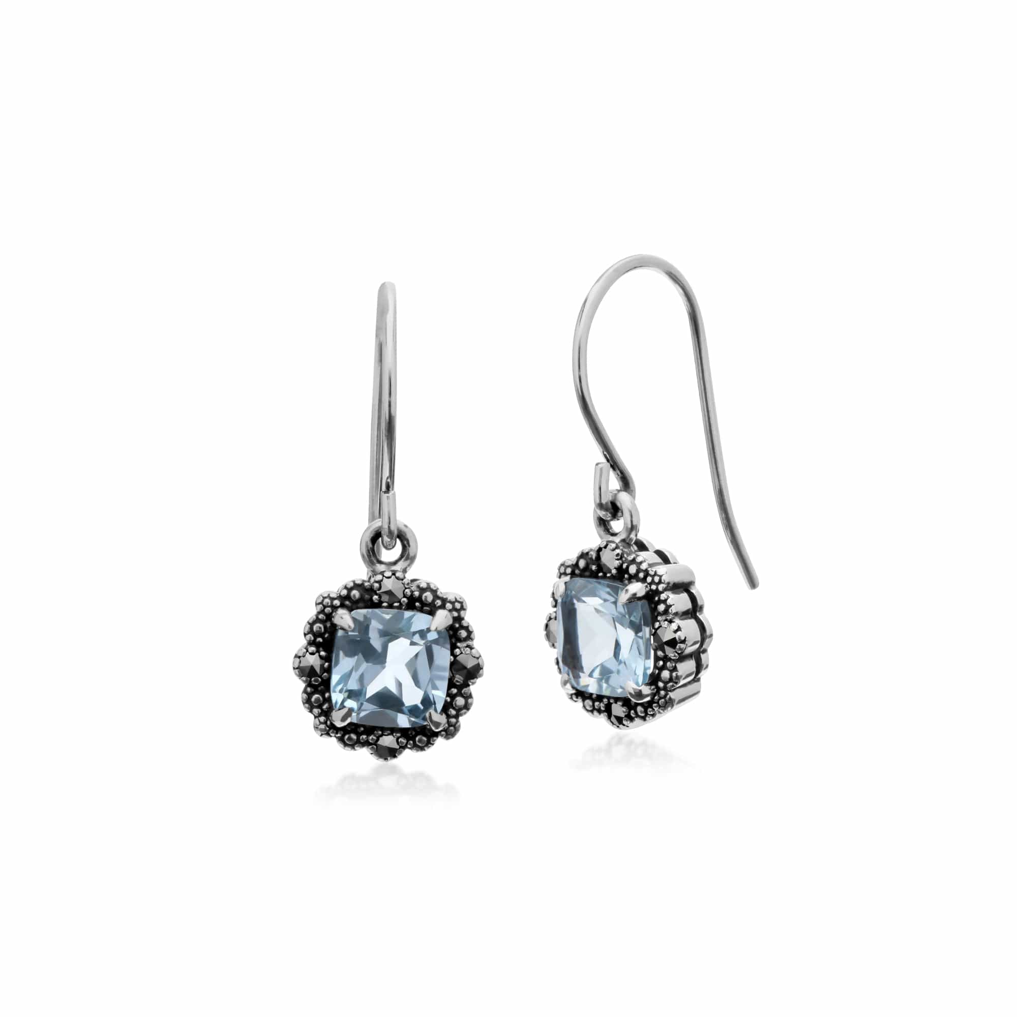 214E870901925-214P301502925 Art Deco Style Cushion Blue Topaz & Marcasite Cushion Drop Earrings & Necklace Set in 925 Sterling Silver 2