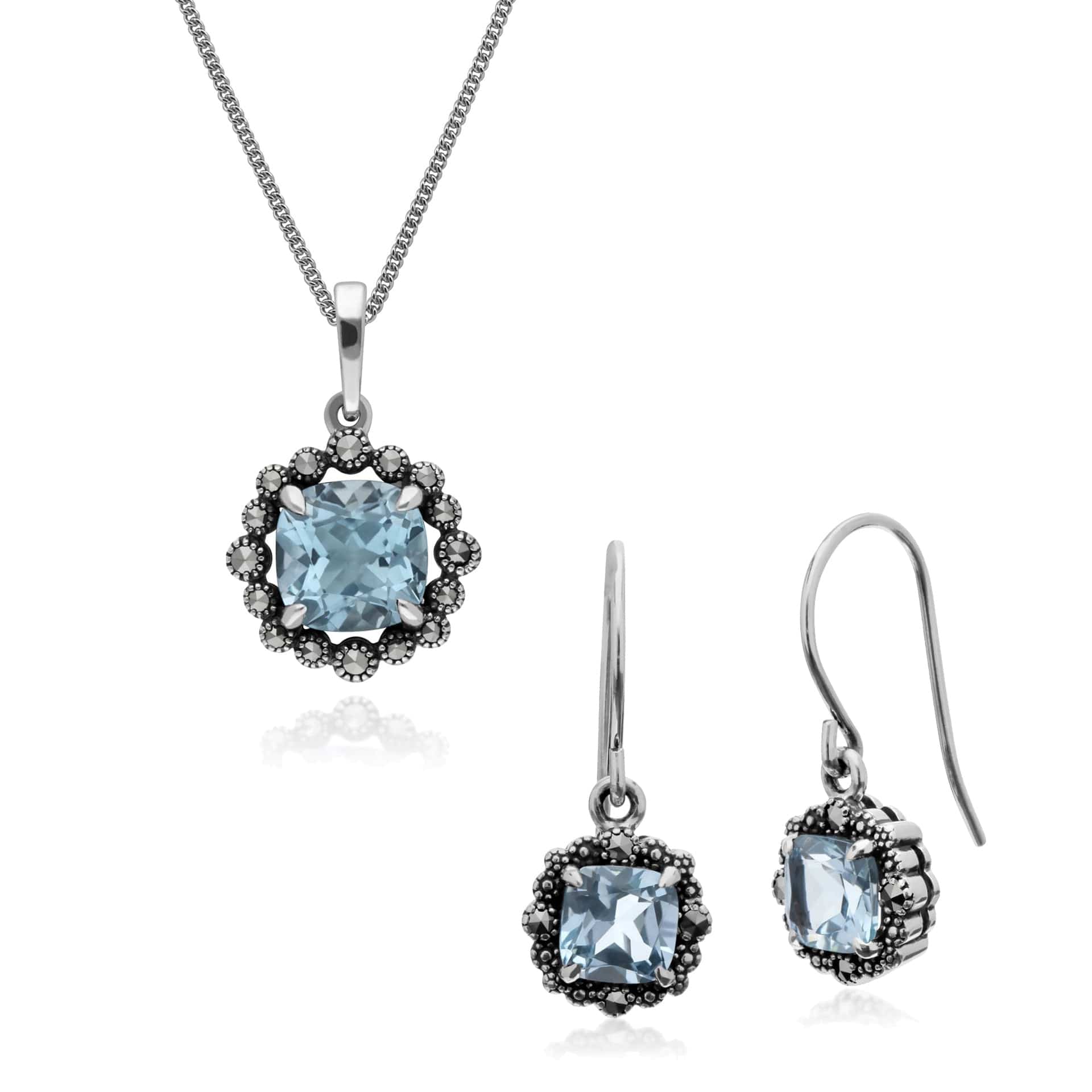 214E870901925-214P301502925 Art Deco Style Cushion Blue Topaz & Marcasite Cushion Drop Earrings & Necklace Set in 925 Sterling Silver 1