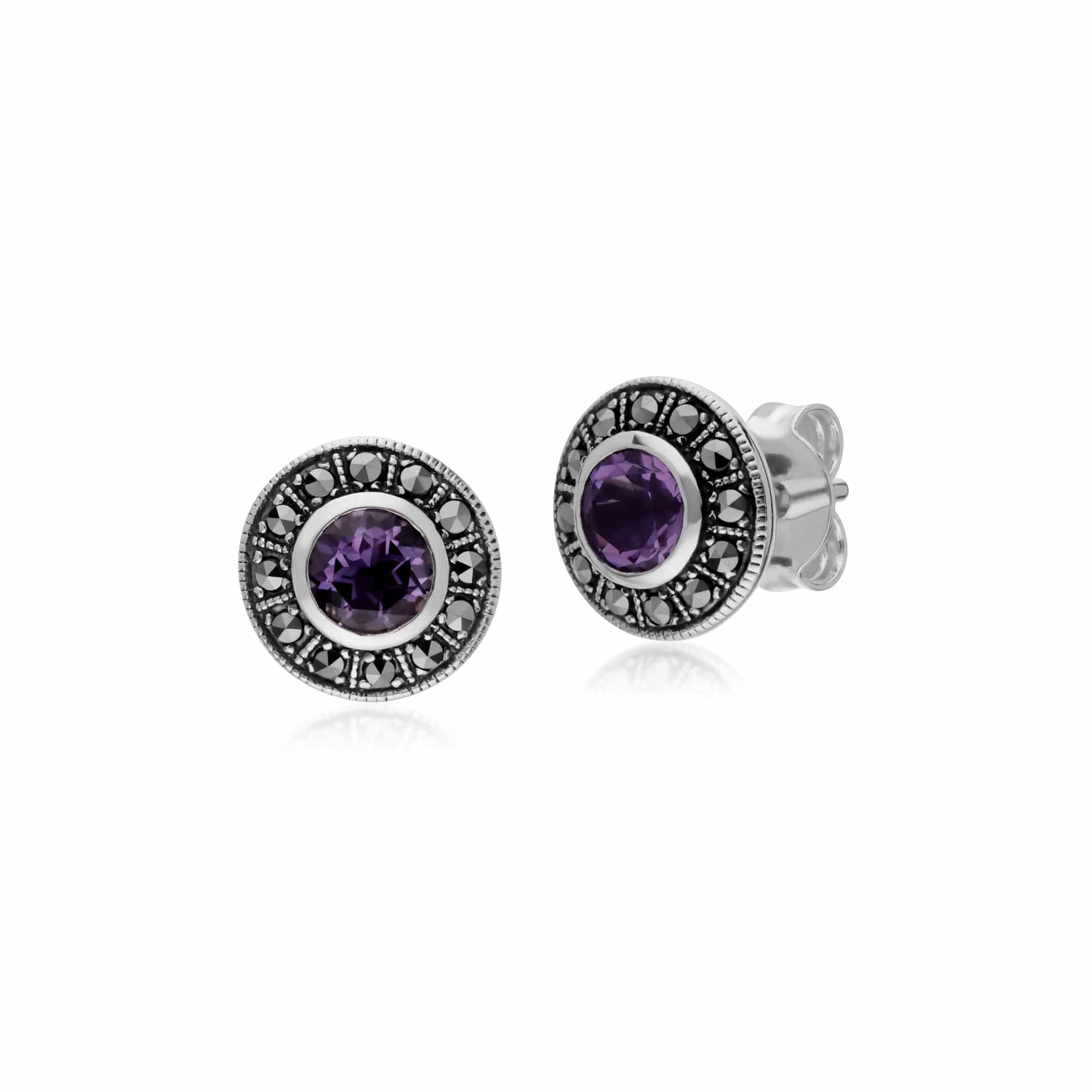 214E872701925-214N707301925 Art Deco Style Round Amethyst and Marcasite Cluster Stud Earrings & Pendant Set in 925 Sterling Silver 2