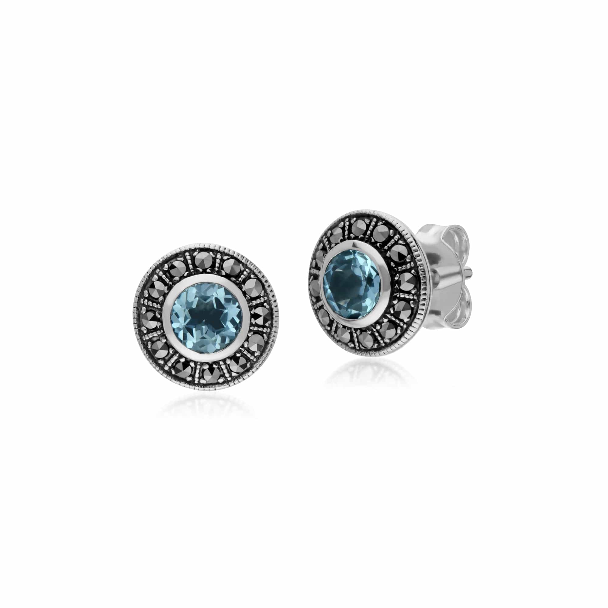 214E872702925 Gemondo Sterling Silver Round Blue Topaz and Marcasite Cluster Stud Earrings 1