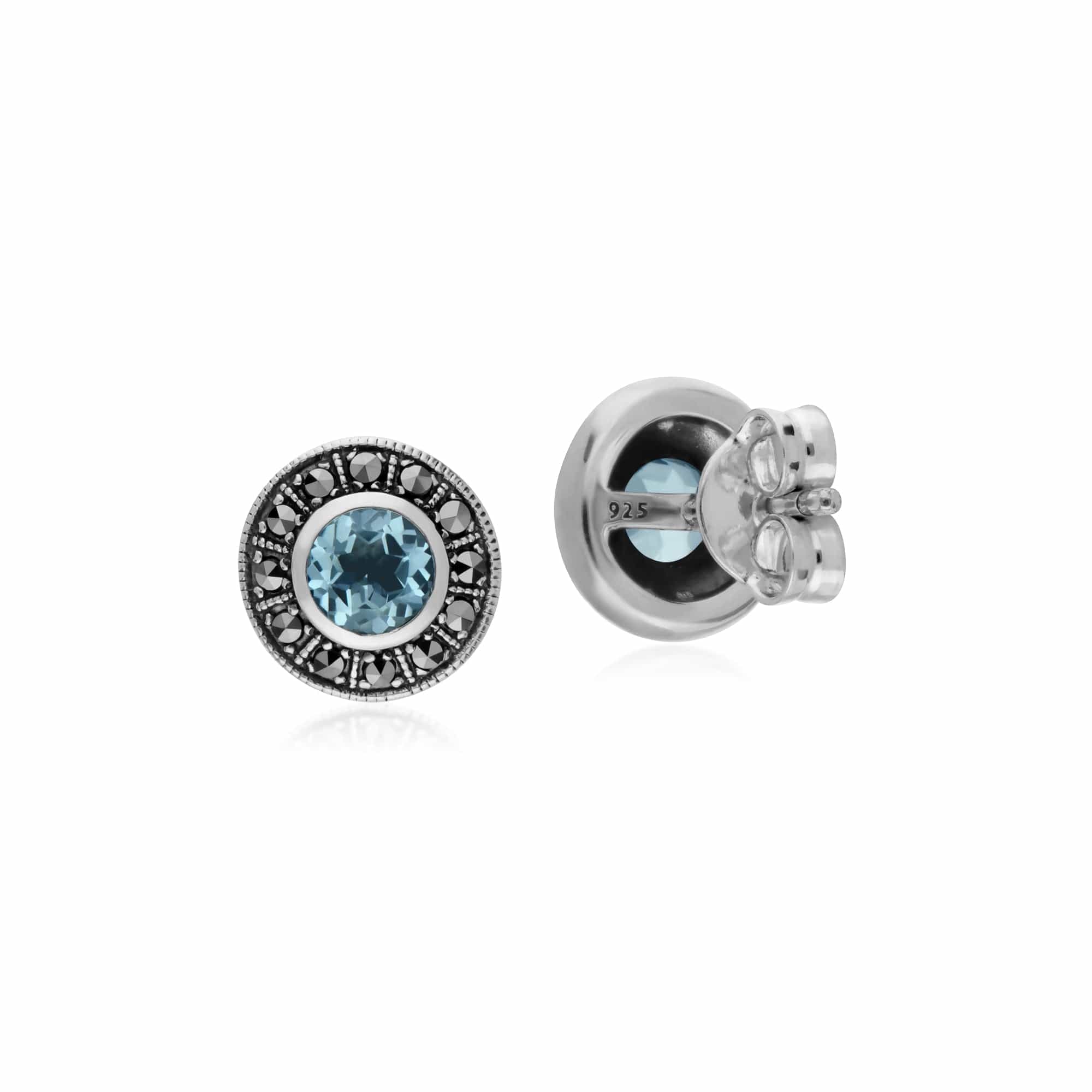 214E872702925 Gemondo Sterling Silver Round Blue Topaz and Marcasite Cluster Stud Earrings 2