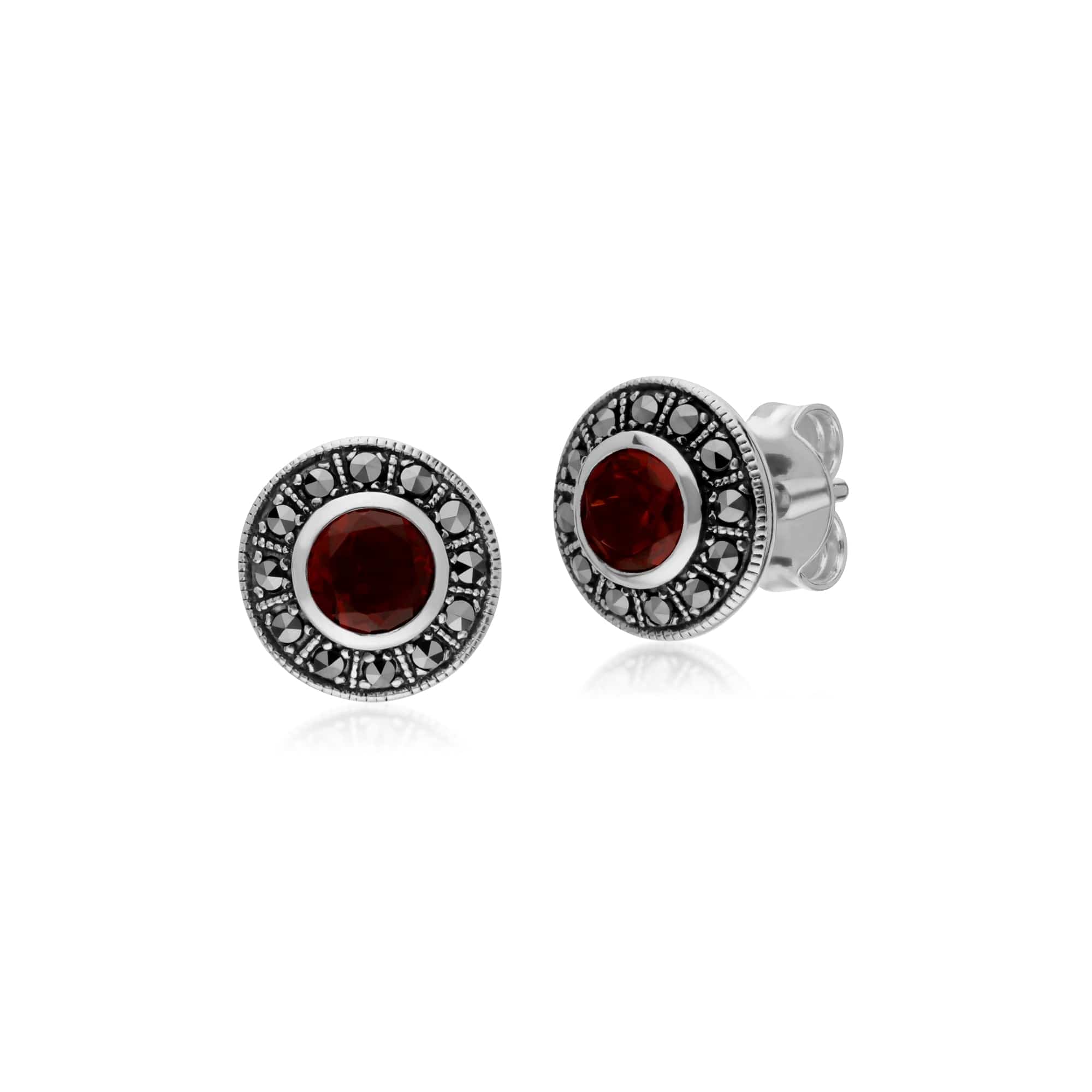 214E872703925-214R605603925 Art Deco Style Round Garnet and Marcasite Cluster Stud Earrings & Ring Set in 925 Sterling Silver 2