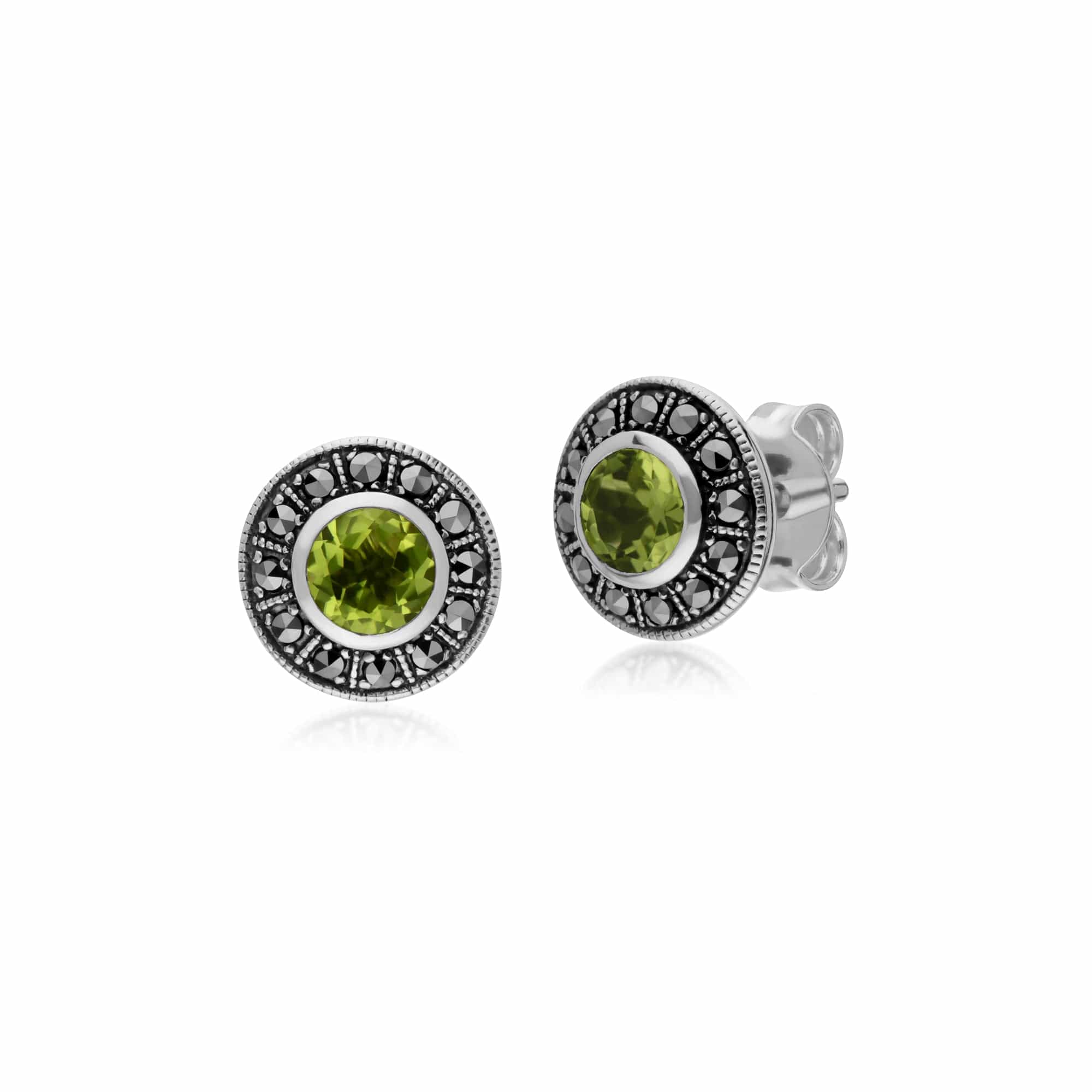 214E872704925-214N707304925 Art Deco Style Round Peridot and Marcasite Cluster Stud Earrings & Pendant Set in 925 Sterling Silver 2