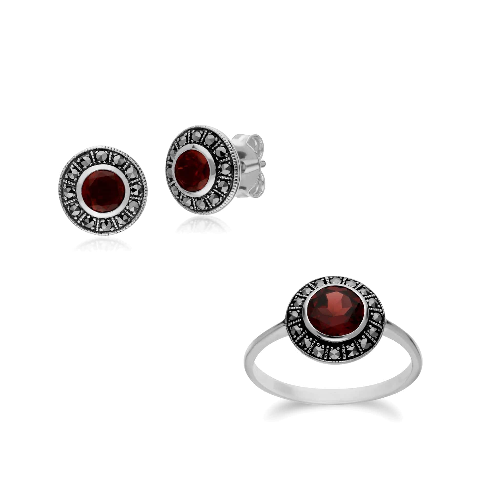214E872703925-214R605603925 Art Deco Style Round Garnet and Marcasite Cluster Stud Earrings & Ring Set in 925 Sterling Silver 1