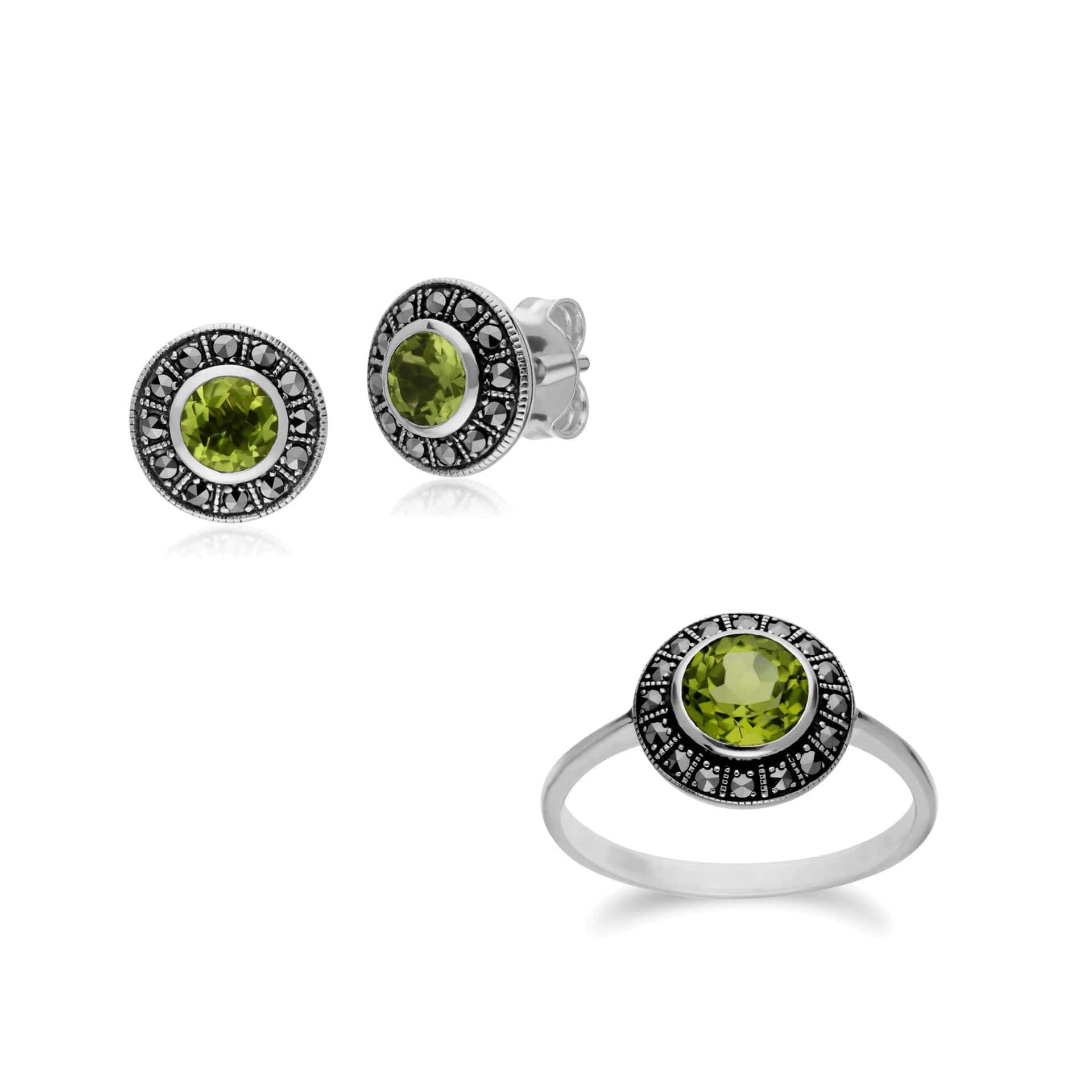 214E872704925-214R605604925 Art Deco Style Round Peridot and Marcasite Cluster Stud Earrings & Ring Set in 925 Sterling Silver 1