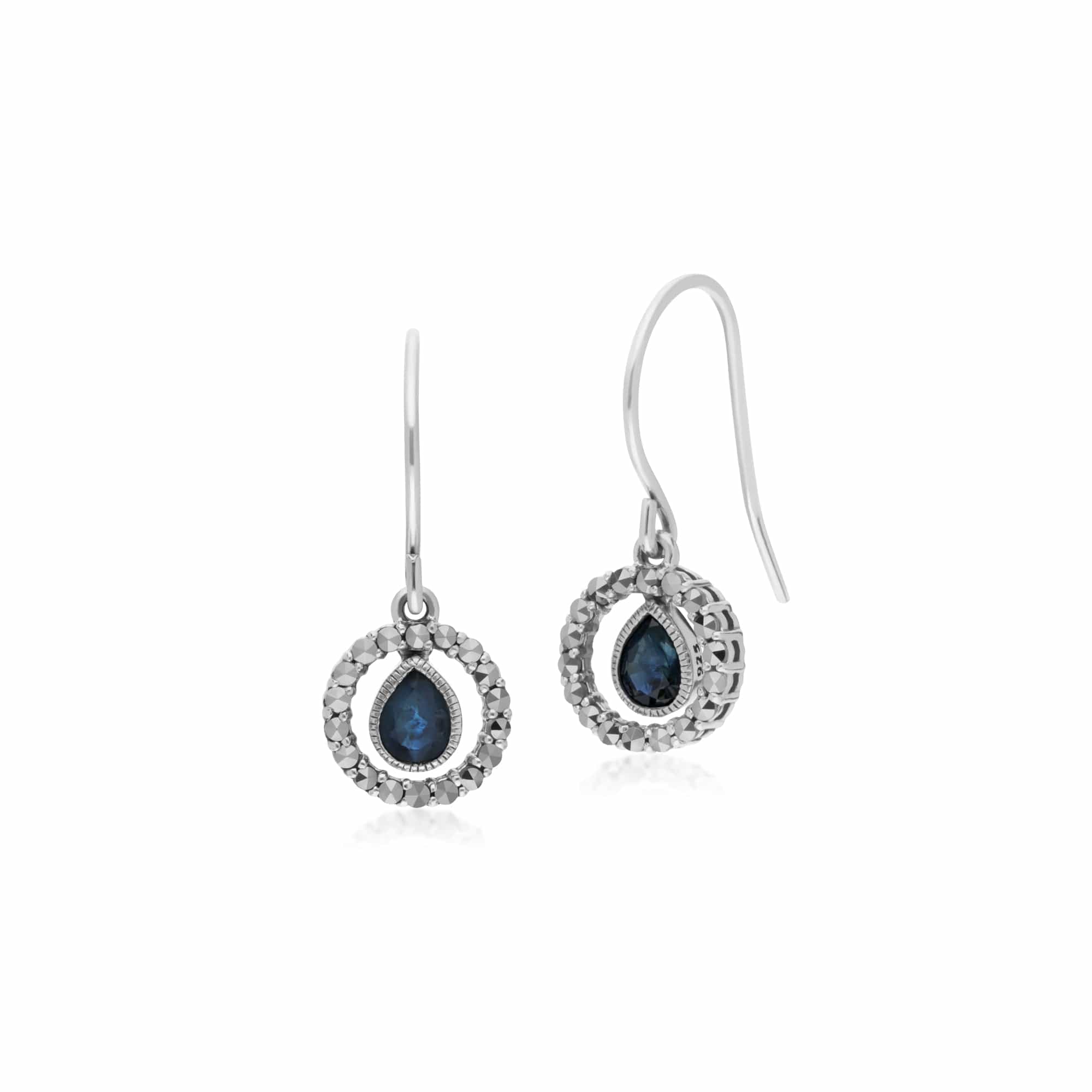 Classic Pear Sapphire & Marcasite Round Halo Drop Earrings in 925 Sterling Silver - Gemondo
