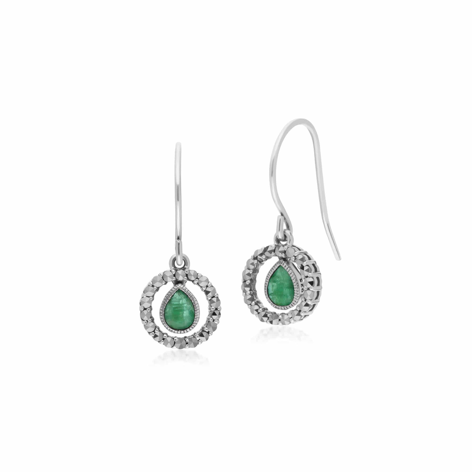 Classic Pear Emerald & Marcasite Round Halo Drop Earrings in 925 Sterling Silver - Gemondo