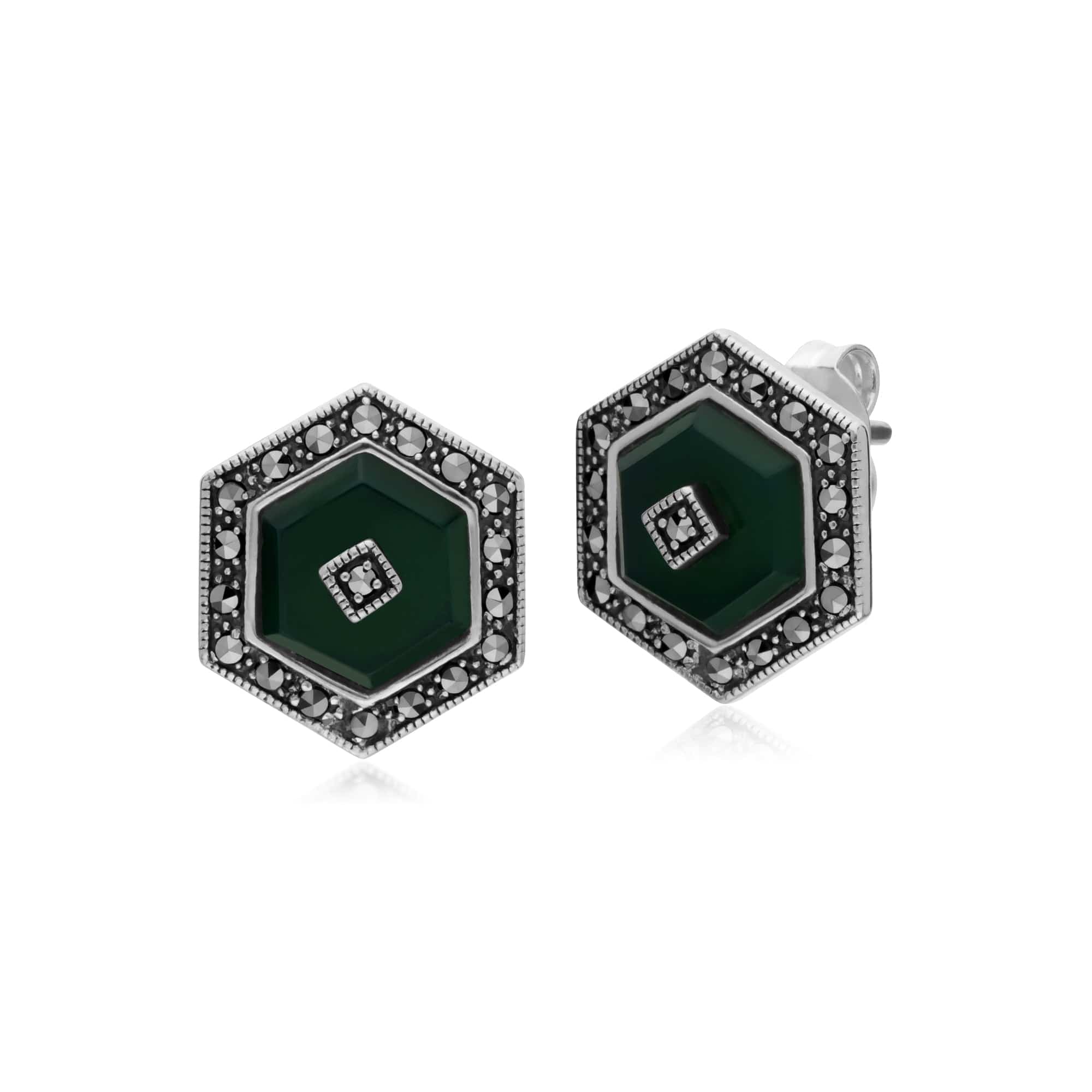 214E872901925 Art Deco Style Dyed Green Chalcedony & Marcasite hexagon Stud Earrings in 925 Sterling Silver 1