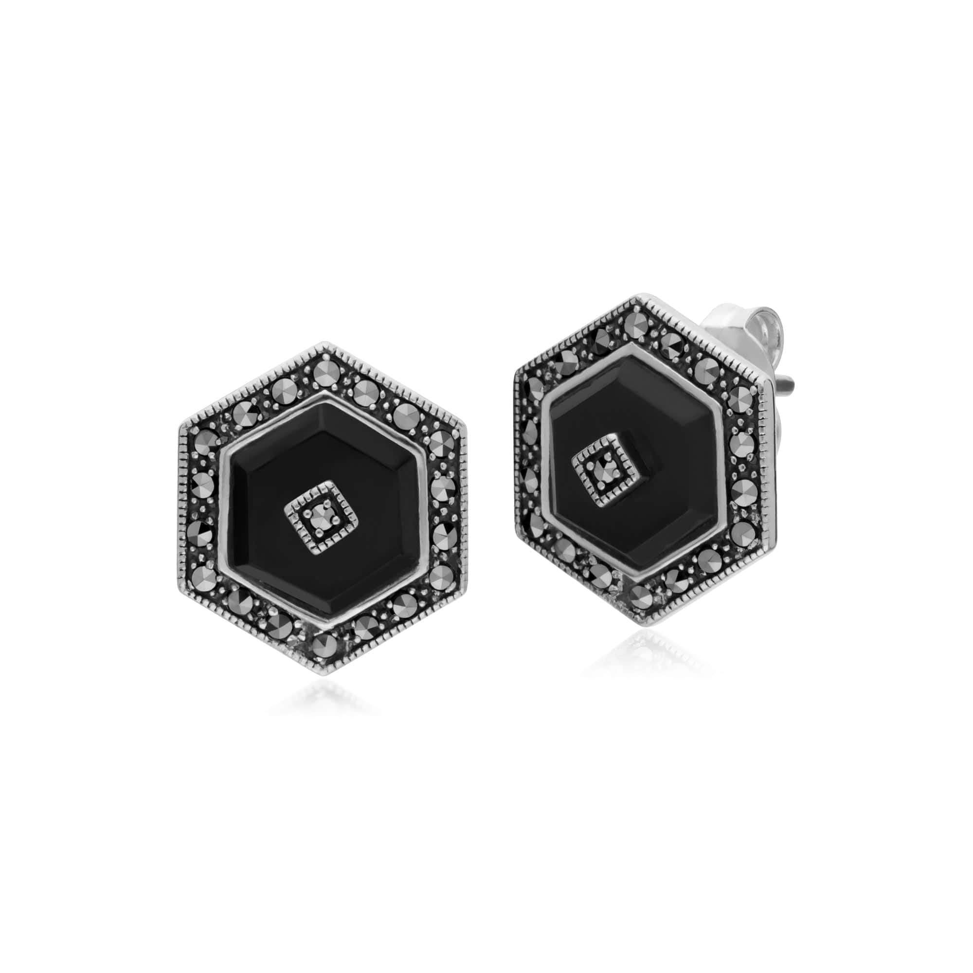 214E872902925-214R605802925 Art Deco Style Black Onyx and Marcasite Hexagon Stud Earrings & Ring Set in 925 Sterling Silver 2