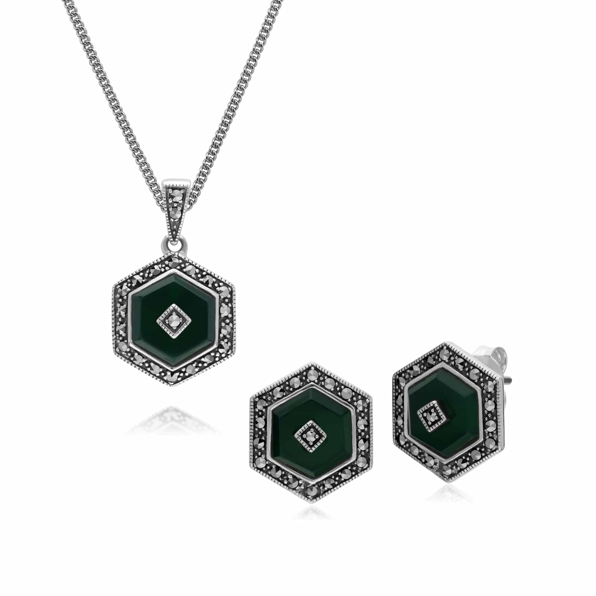 214E872901925-214P303501925 Art Deco Style Dyed Chalcedony and Marcasite Hexagon Stud Earrings & Pendant Set in 925 Sterling Silver 1