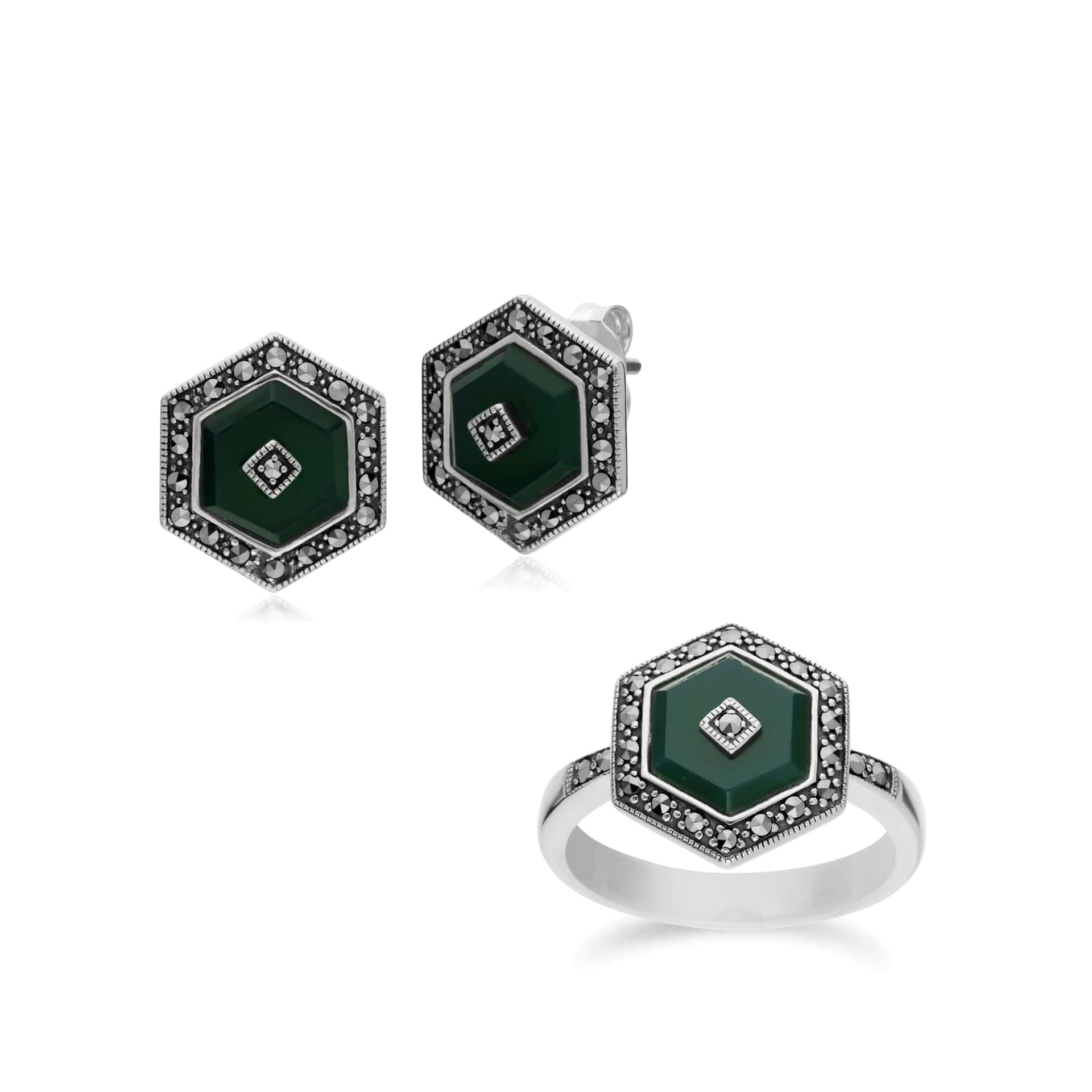 214E872901925-214R605801925 Art Deco Style Dyed Chalcedony and Marcasite Hexagon Stud Earrings & Ring Set in 925 Sterling Silver 1